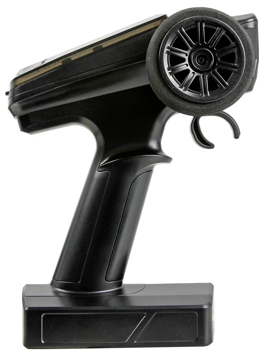Schwarzer tragbarer Funksendeemfänger-Controller mit großem Seiterad und Grifftrigger, isoliert auf weißem Hintergrund.