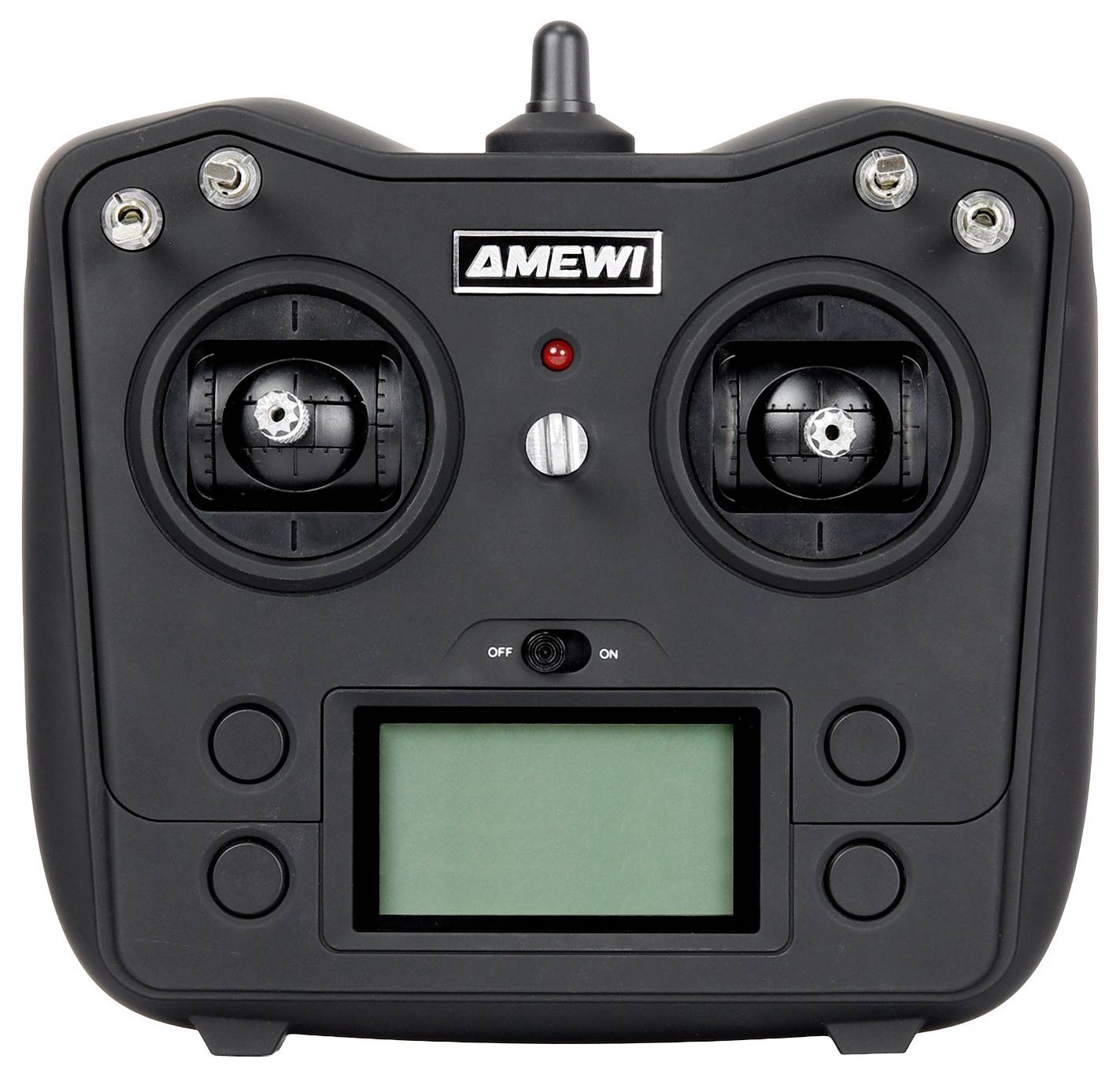 Vorderansicht eines schwarzen AMEWI-Funkfernsteuerers mit zwei Joysticks, LCD-Display, Schaltern und Kontrollleuchte.
