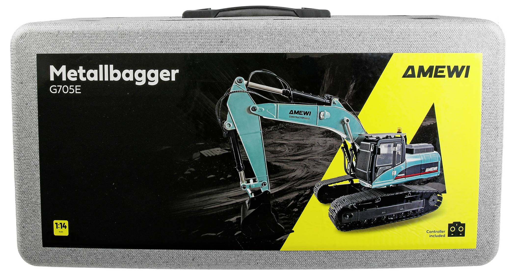 Karton für AMEWI Metallbagger G705E Ferngesteuerter Bagger, der einen blaugrünen Kettenraupenbagger auf einer schwarzgelben Verpackung zeigt.