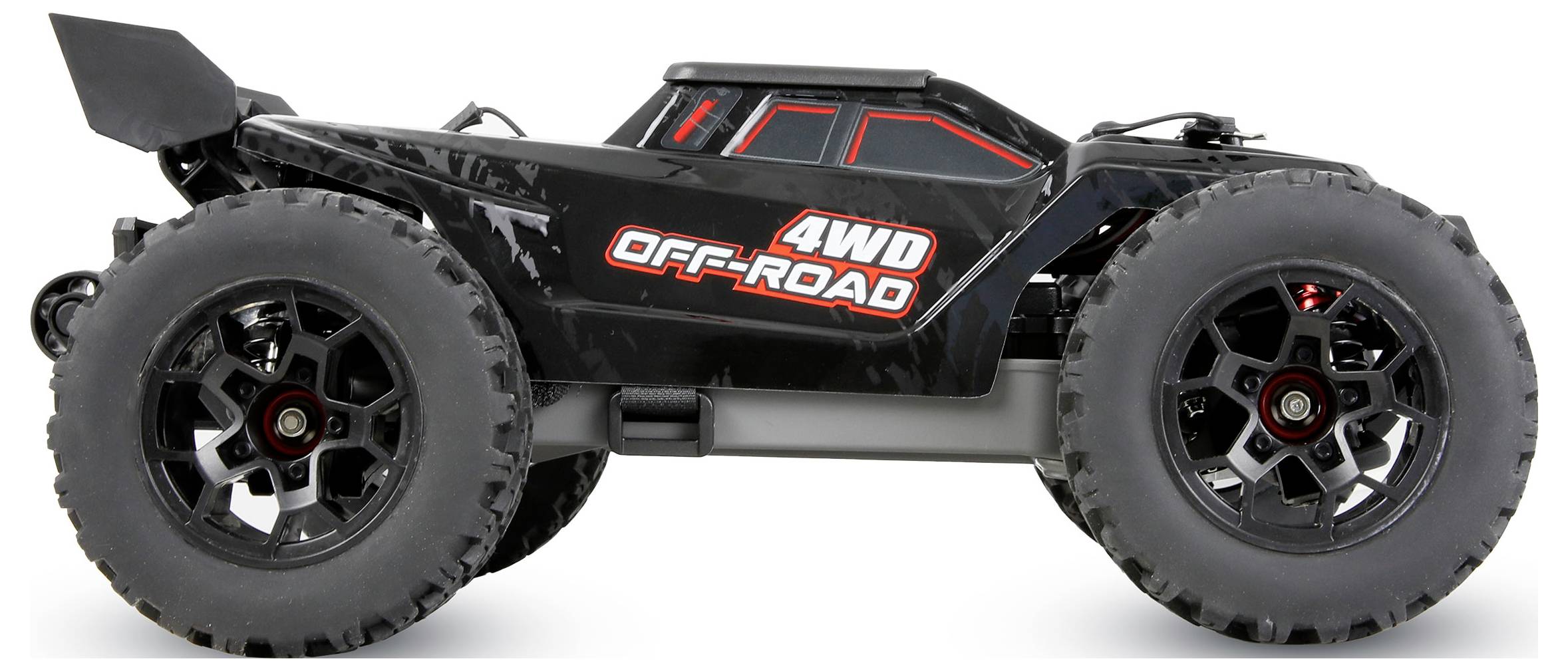 Schwarzer 4WD-Geländewagen-RC-Truck in Seitenansicht mit übergroßen Reifen und roten Akzentdetails.
