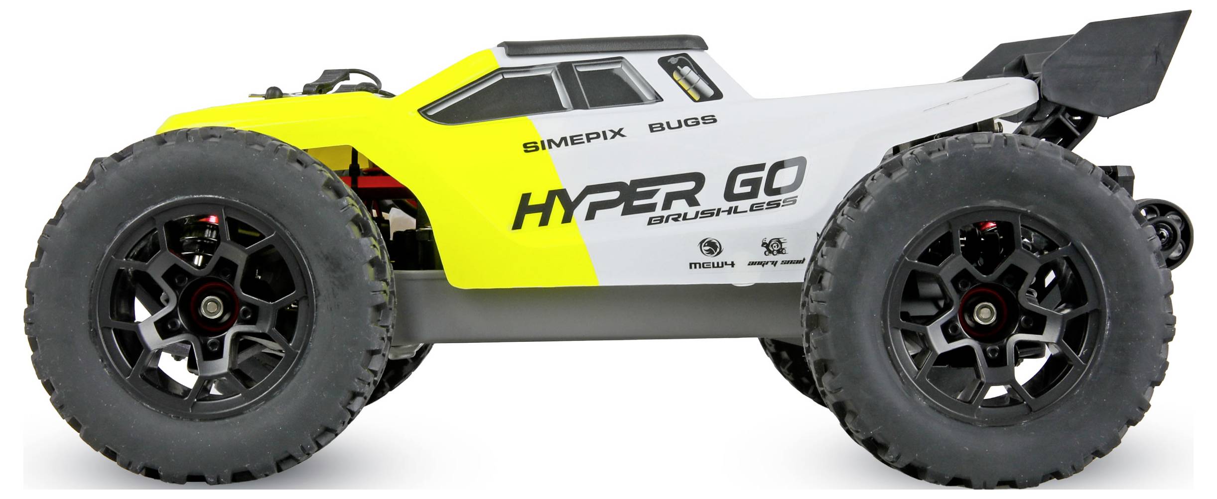 Seitenansicht eines gelb-weißen ferngesteuerten Geländebuggy mit der Aufschrift „HYPER GO