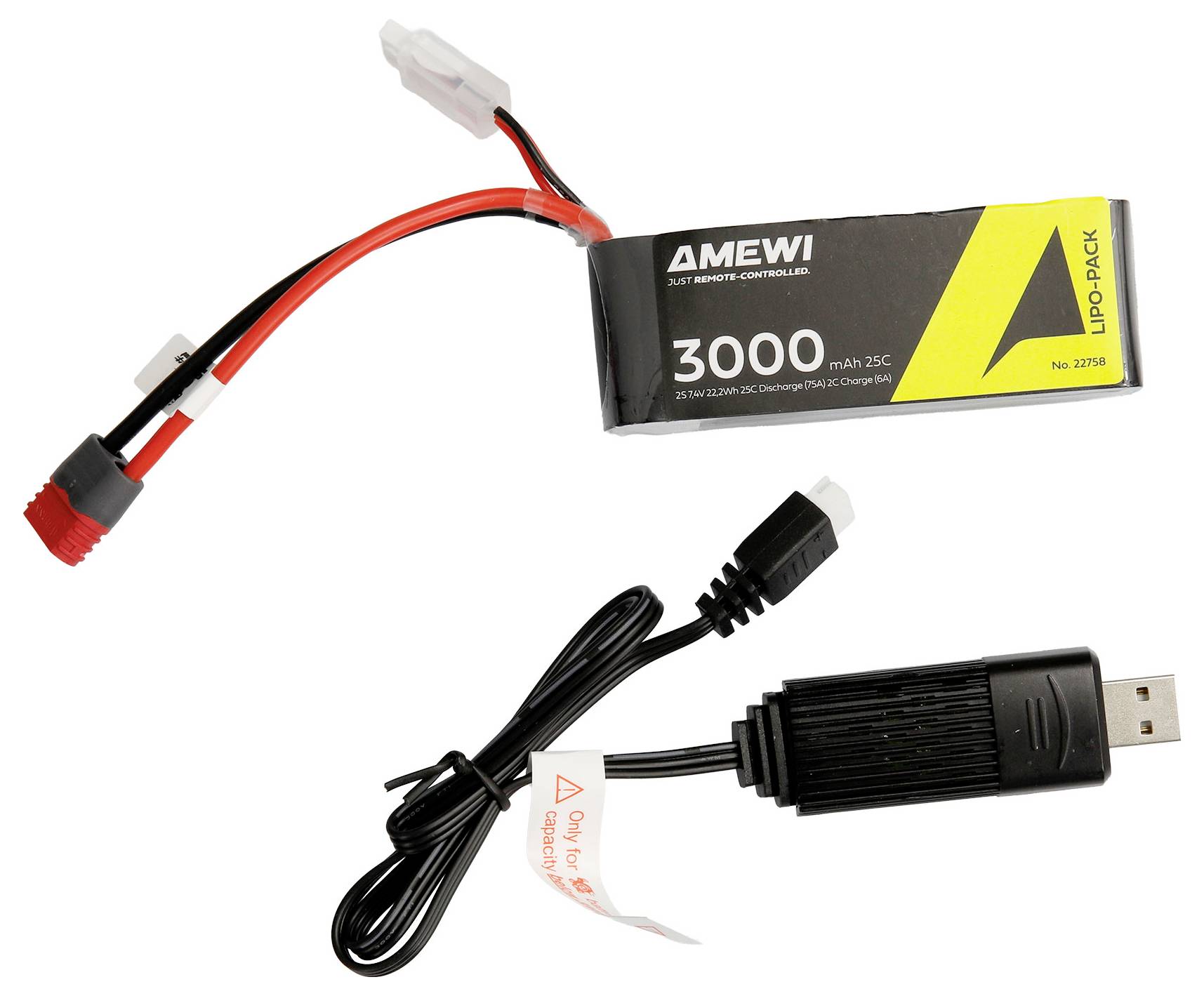RC-Akkupack und USB-Ladekabel auf weißem Hintergrund.