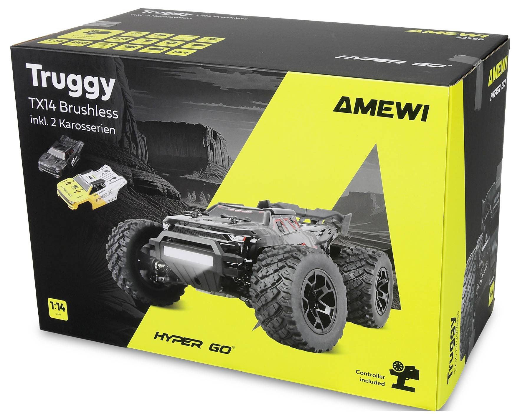 Im Karton enthaltenes AMEWI Truggy TX14 Brushless RC-Autoset, das das 1:14 Hyper Go Modell und die im Lieferumfang enthaltene Fernbedienung zeigt.