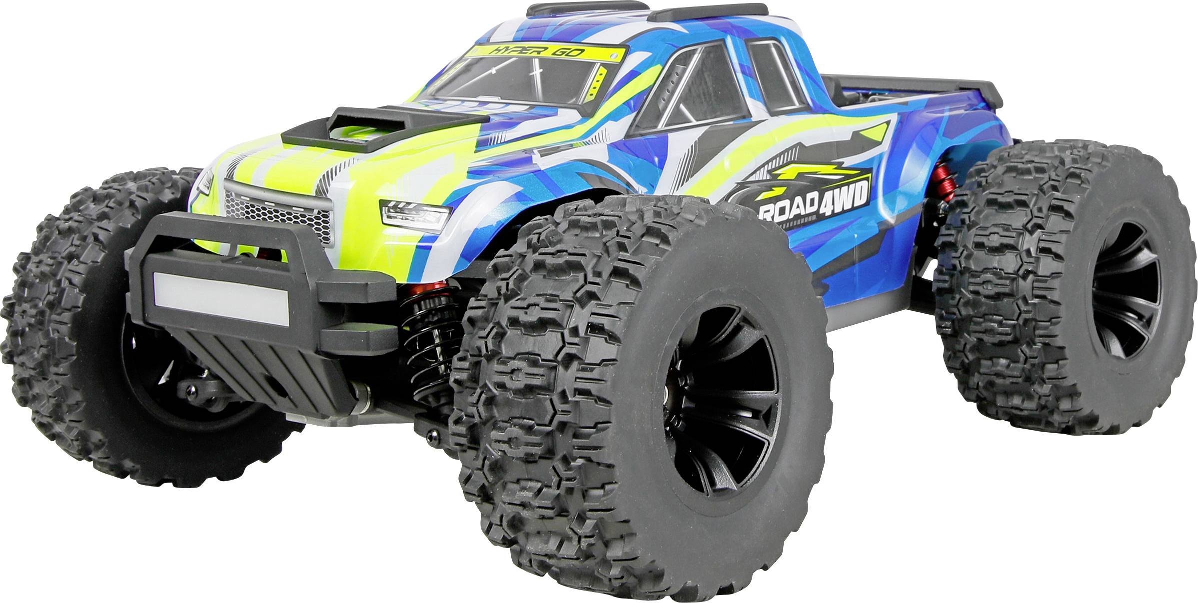 Blauer und gelber Off-Road-RC-Lastwagen mit übergroßen robusten Reifen, gezeigt auf weißem Hintergrund.