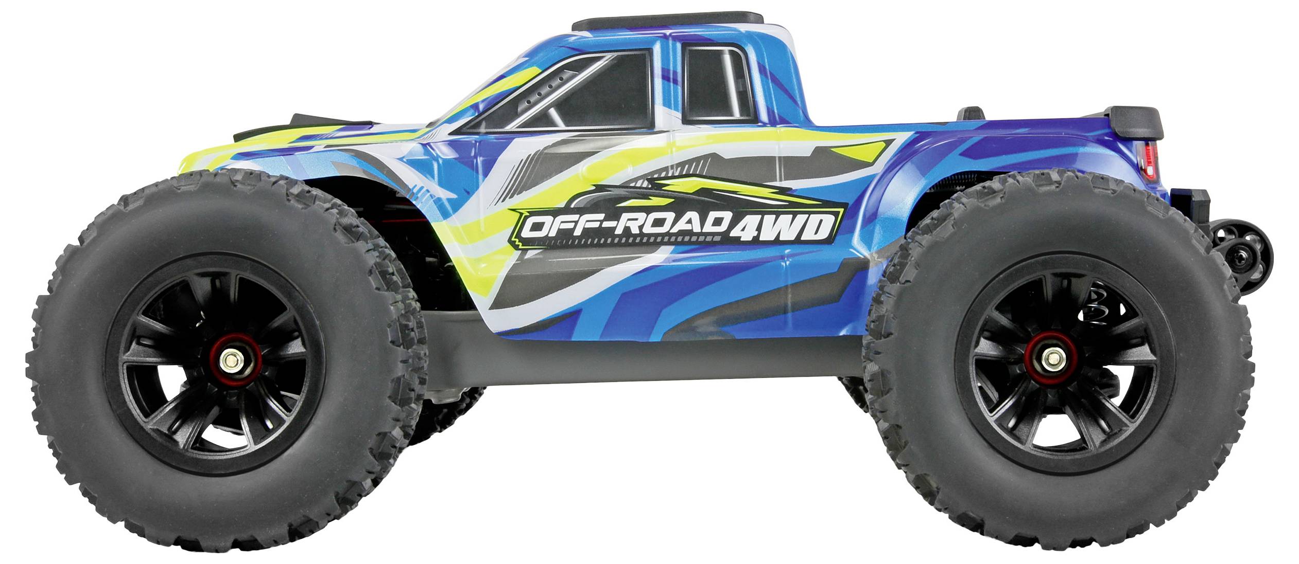 Blauer Gelände-RC-Lastwagen mit übergroßen Reifen und „OFF-ROAD 4WD