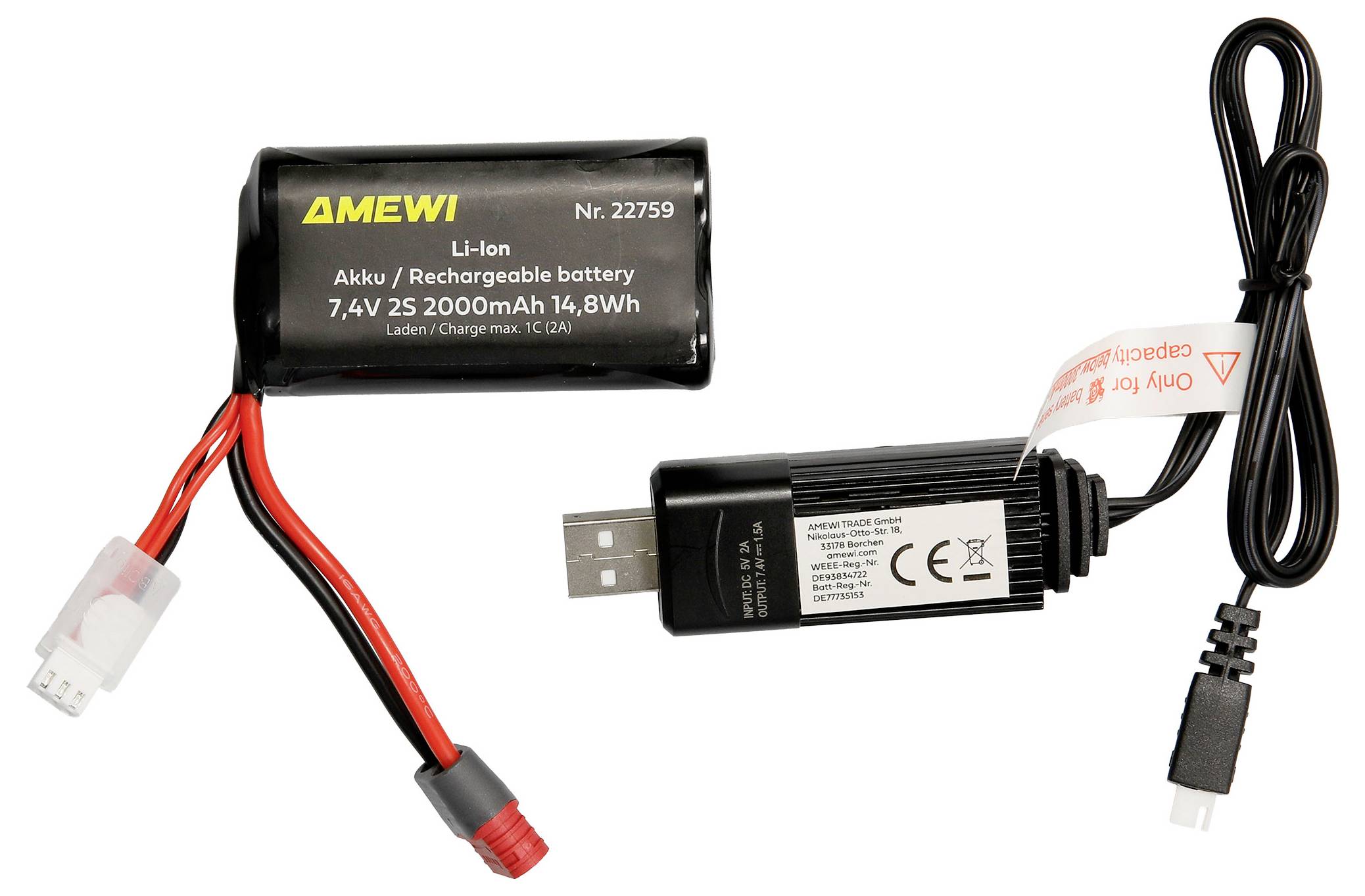 Lithium-Ionen-Akkupack mit rot/schwarzem Anschlusskabel und weißem Stecker, plus USB-Ladekabel mit Micro-USB-Stecker, auf weißem Hintergrund dargestellt.