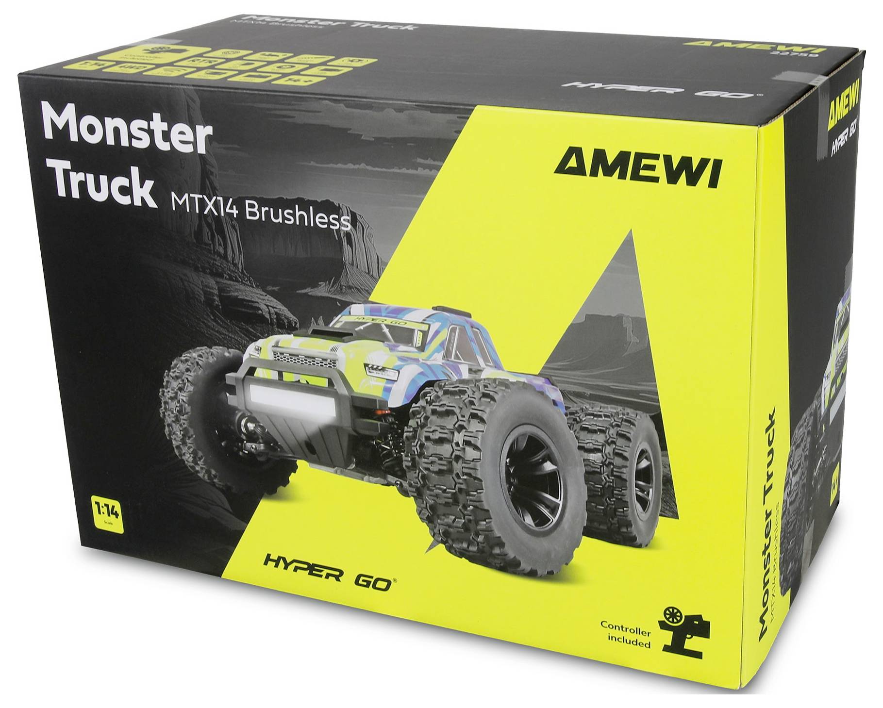 Verpackung für AMEWI Monster Truck MTX14 Brushless Hyper Go RC-Auto, zeigt einen robusten Geländewagen und ein 
