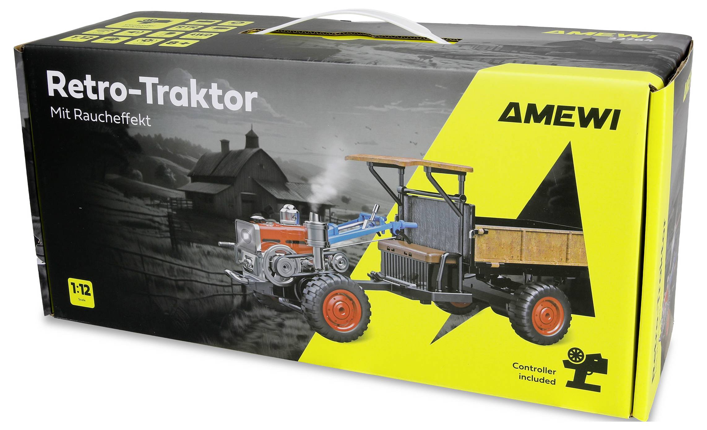 AMEWI 'Retro-Traktor' Spielzeugbox mit einem Traktor im Maßstab 1:12 mit Anhänger, Rauche­ffekt und Fernbedienung im Lieferumfang enthalten.