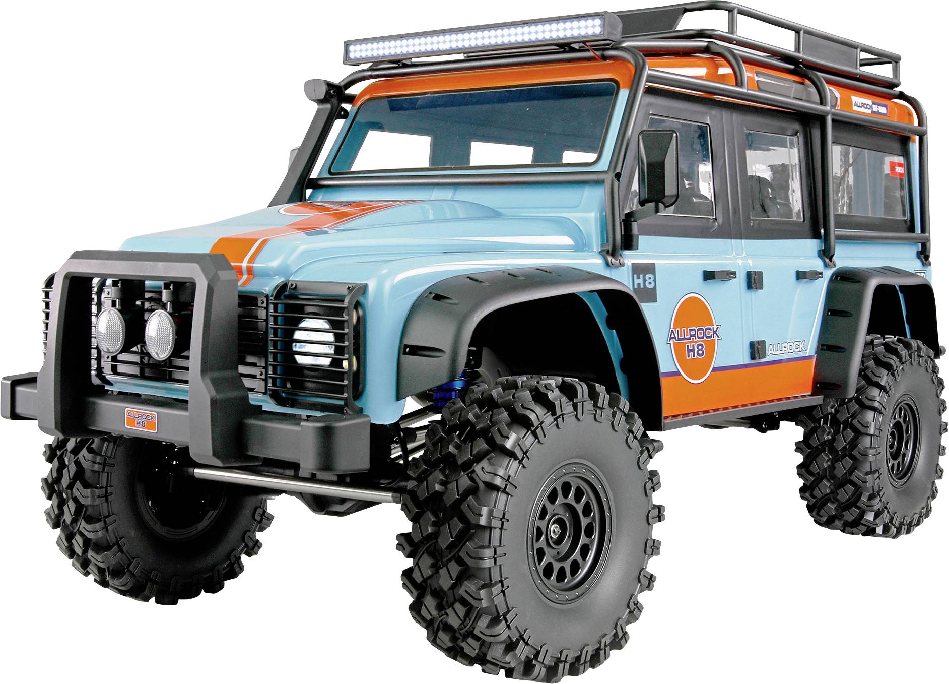 Ein blauorangefarbener Offroad-SUV mit großen profilierten Reifen, Dachleuchten und einer vorderen Stoßstange, dargestellt auf weißem Hintergrund.