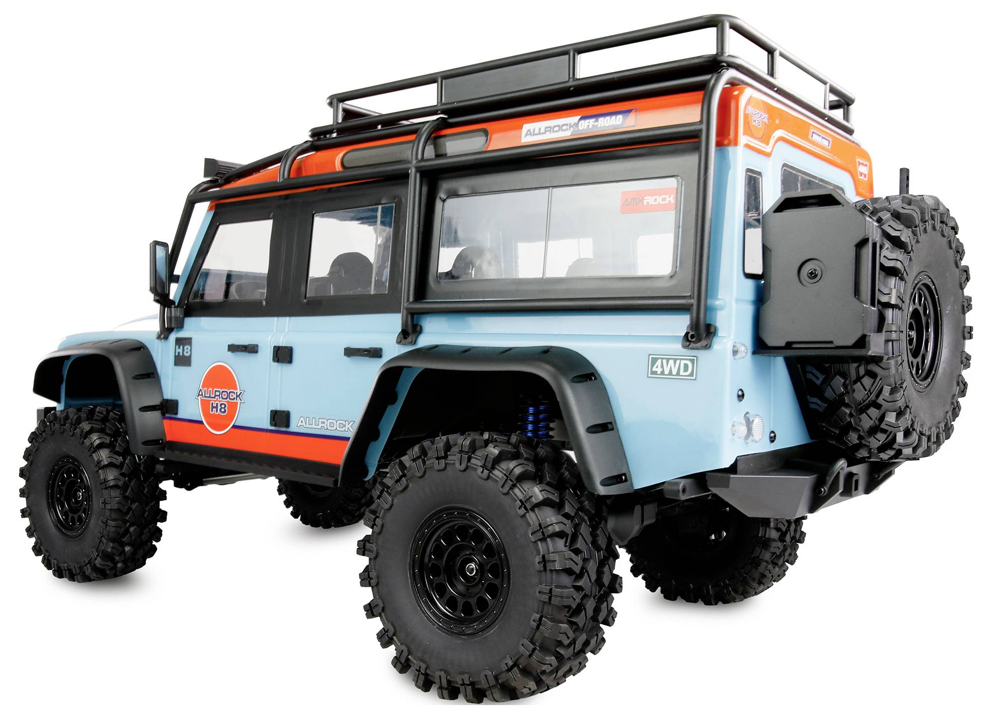 Blau-oranges Gelände-SUV mit Dachträger und Ersatzreifen, dargestellt in einer Seitenfront-Ansicht auf weißem Hintergrund.