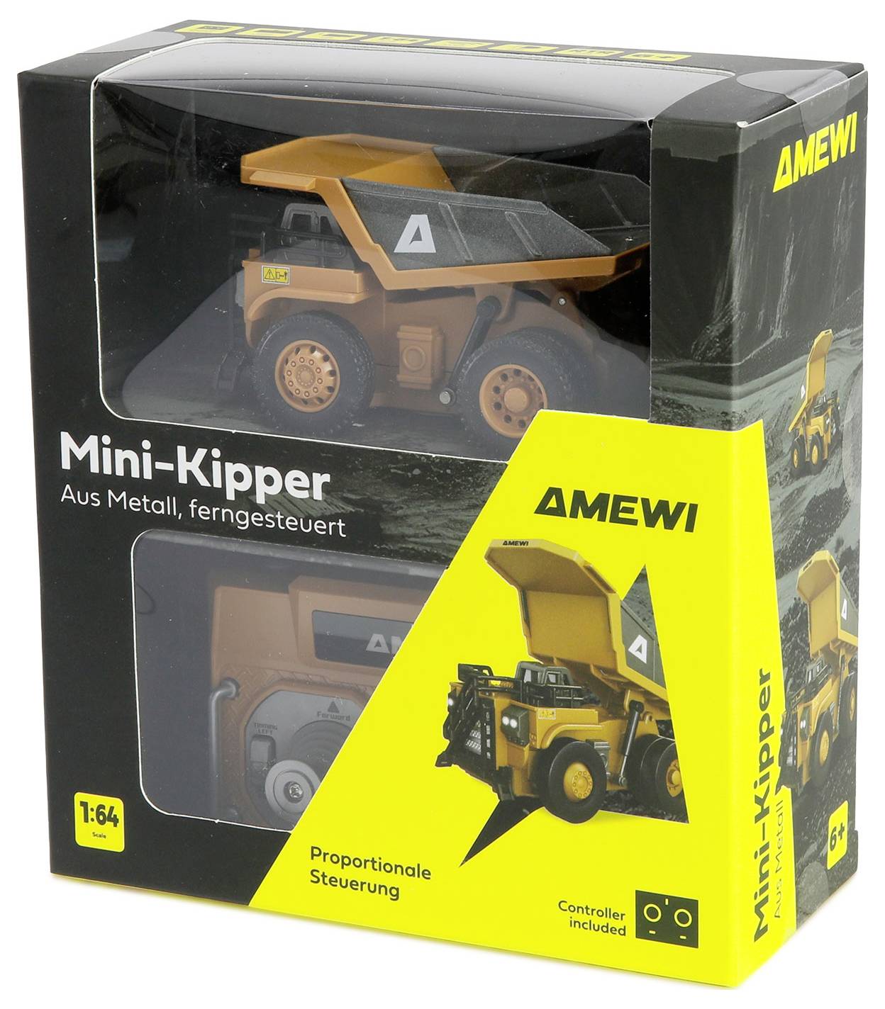 AMEWI Mini-Kipper ferngesteuerter Spielzeug-Kipplaster in einer Fensterbox, gekennzeichnet mit „Aus Metall, ferngesteuert