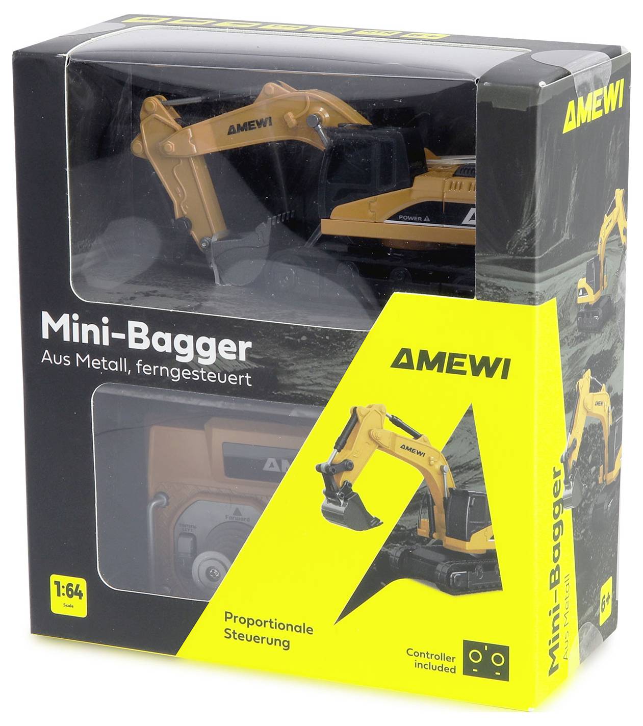 Verpackung für einen ferngesteuerten Metall-Minibagger-Spielzeugbagger von AMEWI, gezeigt in schwarzem und gelbem Karton mit Produktbild und 