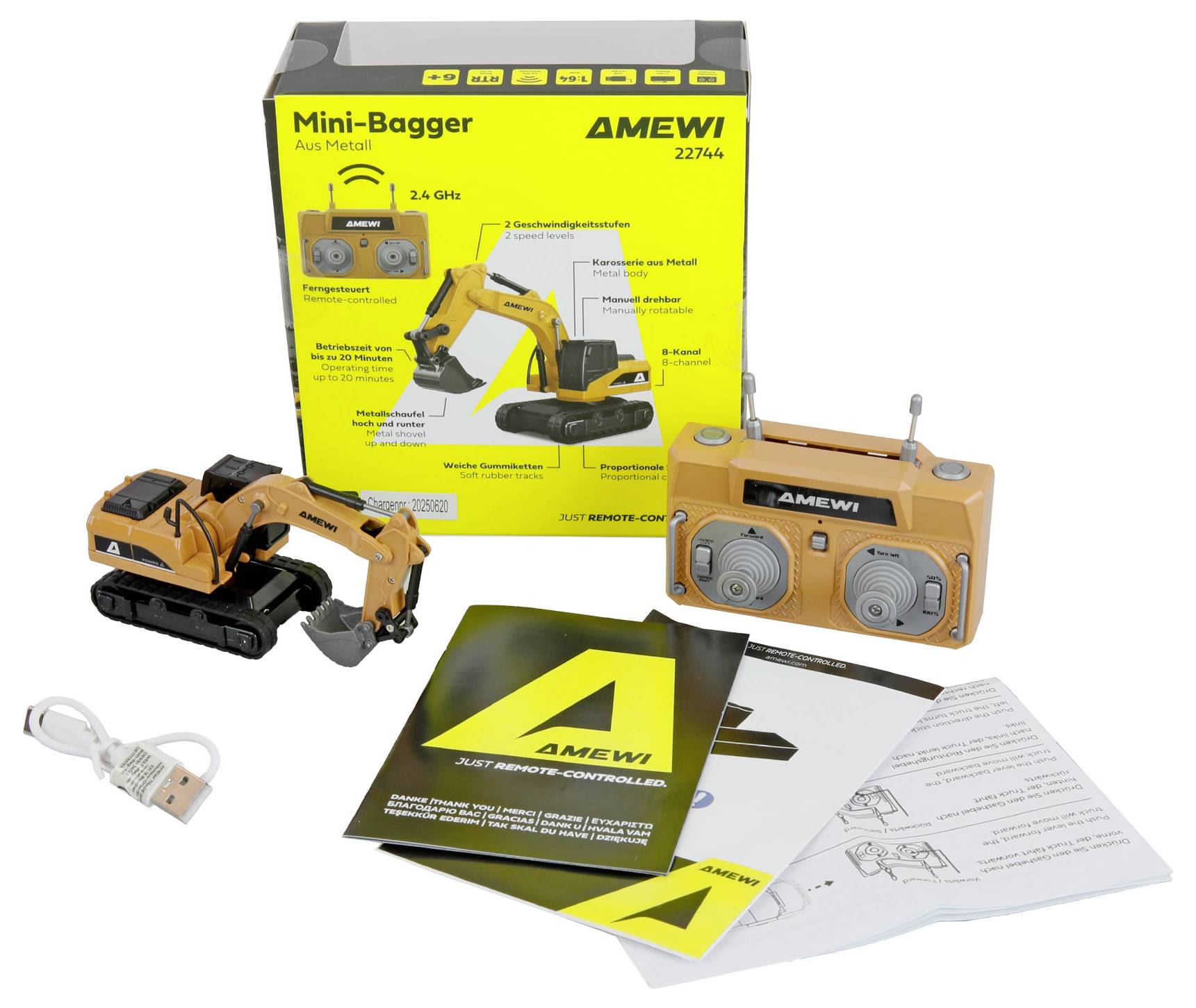 AMEWI Mini-Bagger ferngesteuerter Spielzeug-Bagger mit Fernbedienung, Batterie, Ladegerät, Bedienungsanleitungen und Verpackung.