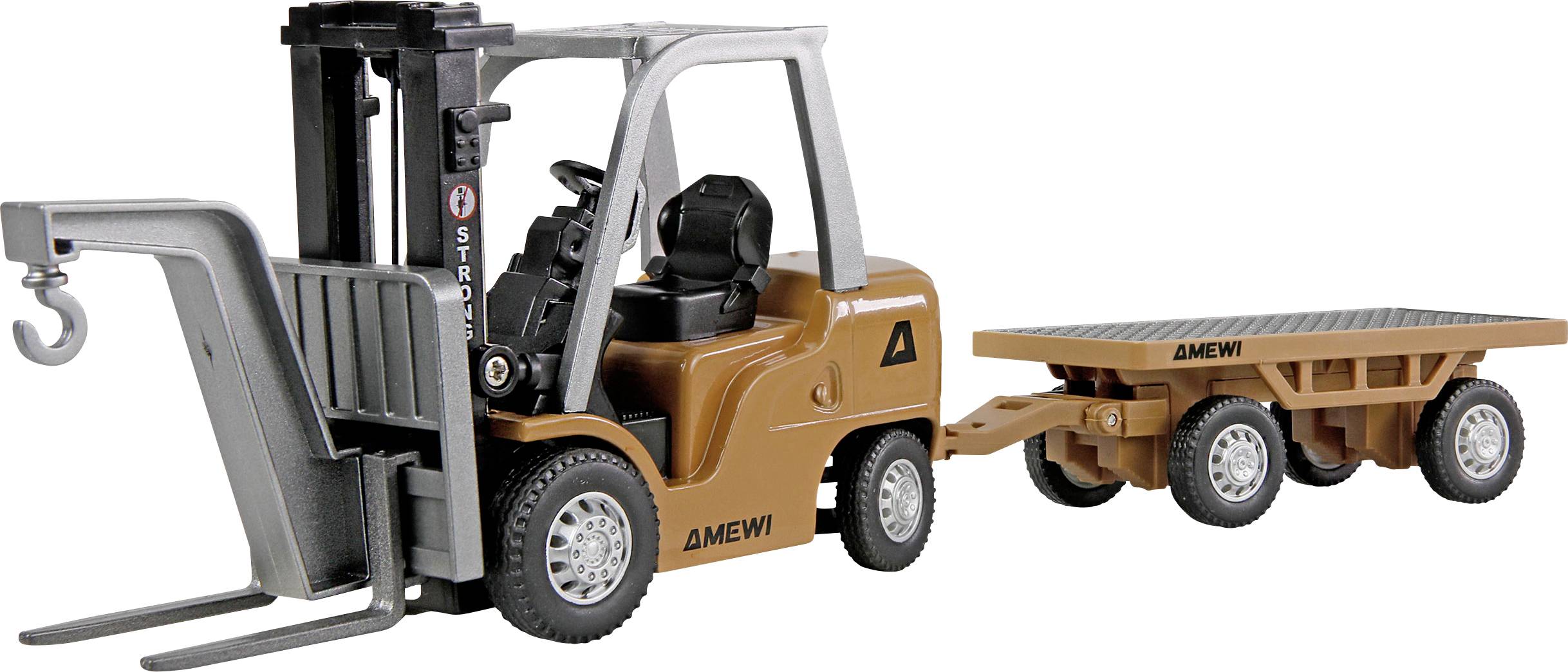 Orangener Gabelstapler zieht einen Flachbettanhänger mit Hakenbefestigung, gezeigt auf weißem Hintergrund.