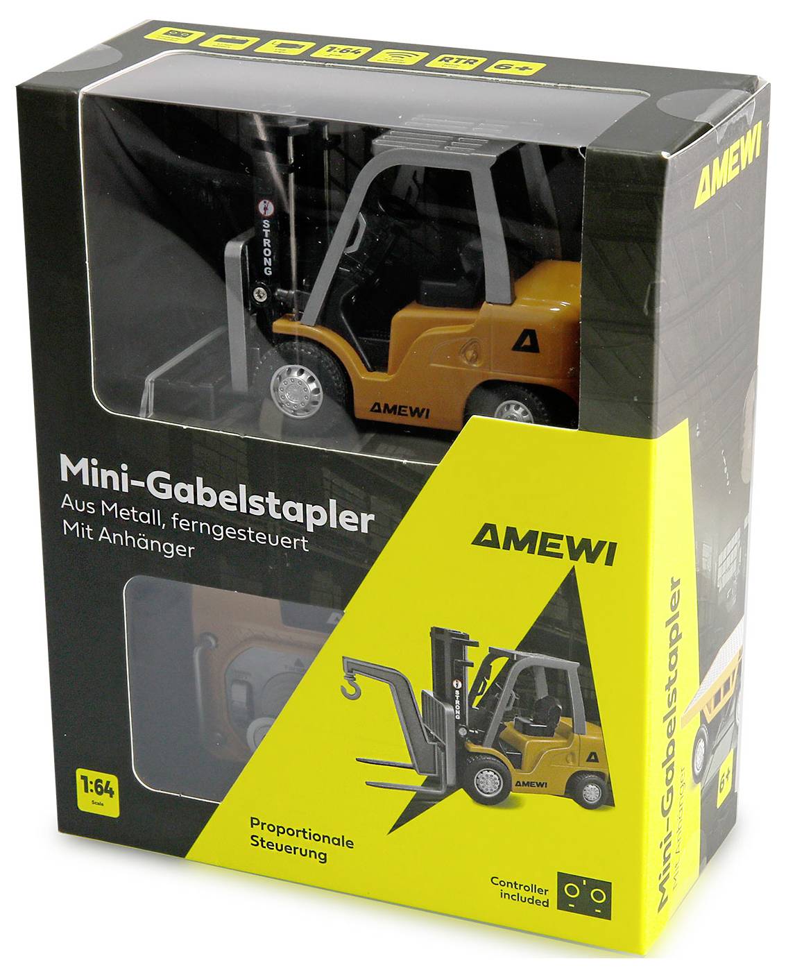 Verpackter AMEWI Mini Ferngesteuert-Gabelstapler-Modell mit Anhänger, sichtbar durch Verpackungsfenster, Maßstab 1:64, mit Text „Proportionale Steuerung
