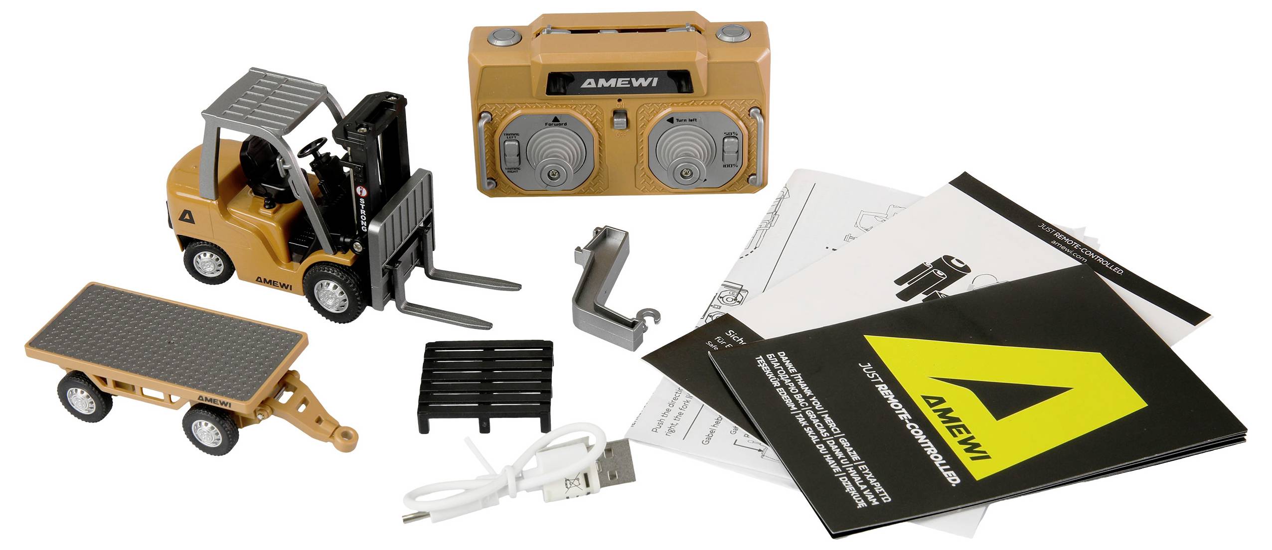 Ein orangefarbiger AMEWI RC Gabelstapler Spielzeugwagen mit abnehmbarem Anhänger und Teilen, abgebildet mit Bedienungsanleitungen und Zubehör.