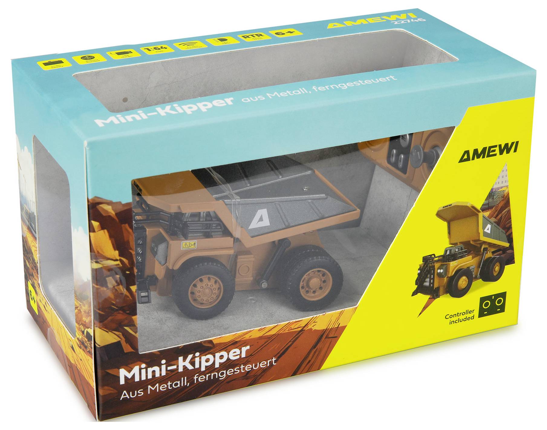 Spielzeug-Kipplaster in einer türkis-gelben AMEWI-Box, mit der Bezeichnung „Mini-Kipper