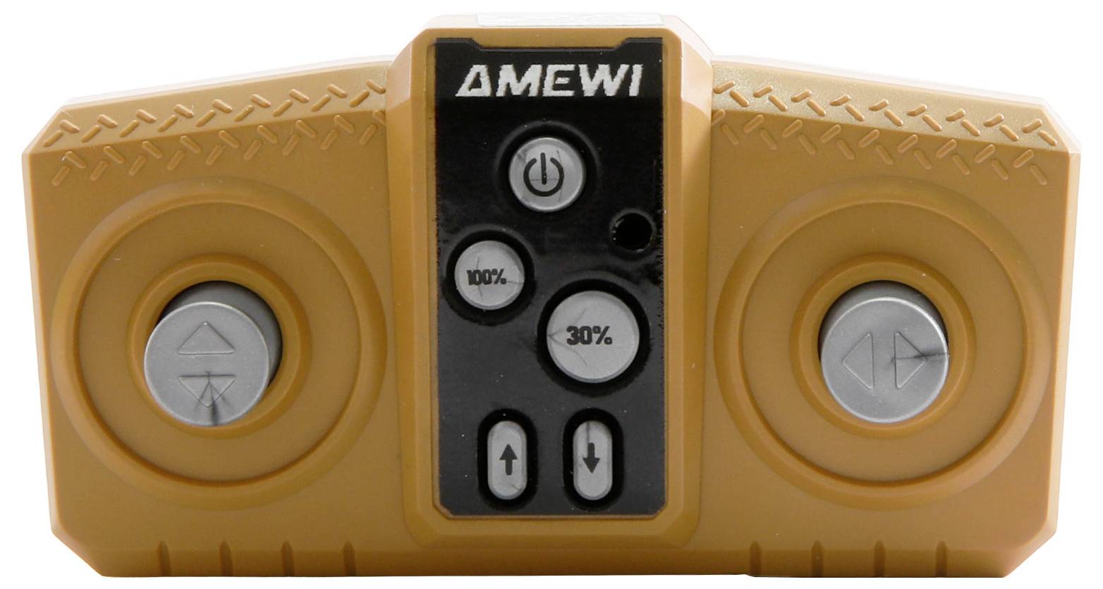 Orange AMEWI Fernbedienung mit linken und rechten kreisförmigen Joysticks, Netzschalter und Kontrollen für 100%, 30%, oben und unten.