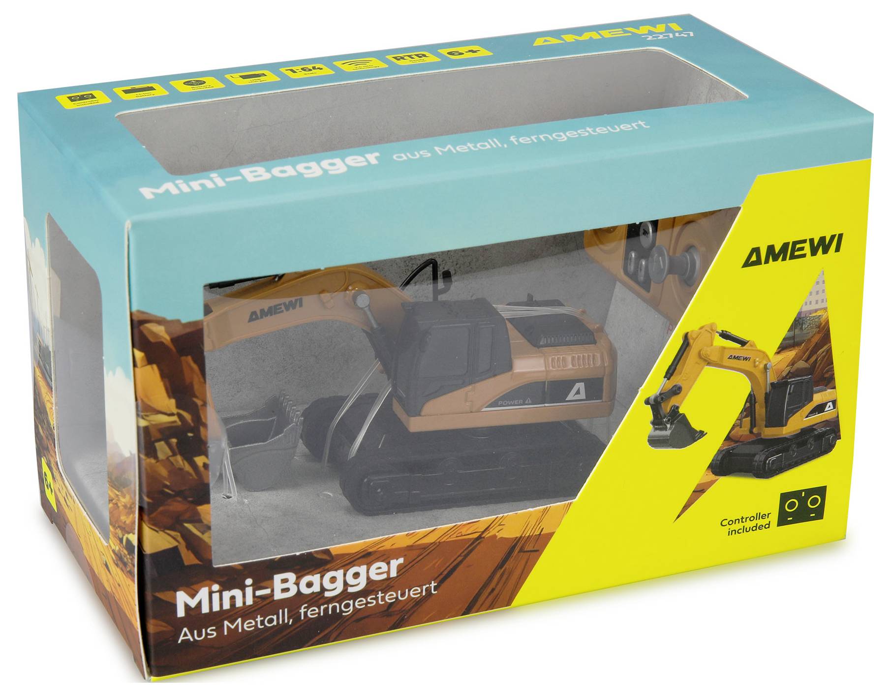 In Karton verpackter AMEWI Mini-Bagger mit Fernbedienung, gezeigt in türkis- und gelbem Verpackungsdesign mit Sichtfenster und Produktabbildung.