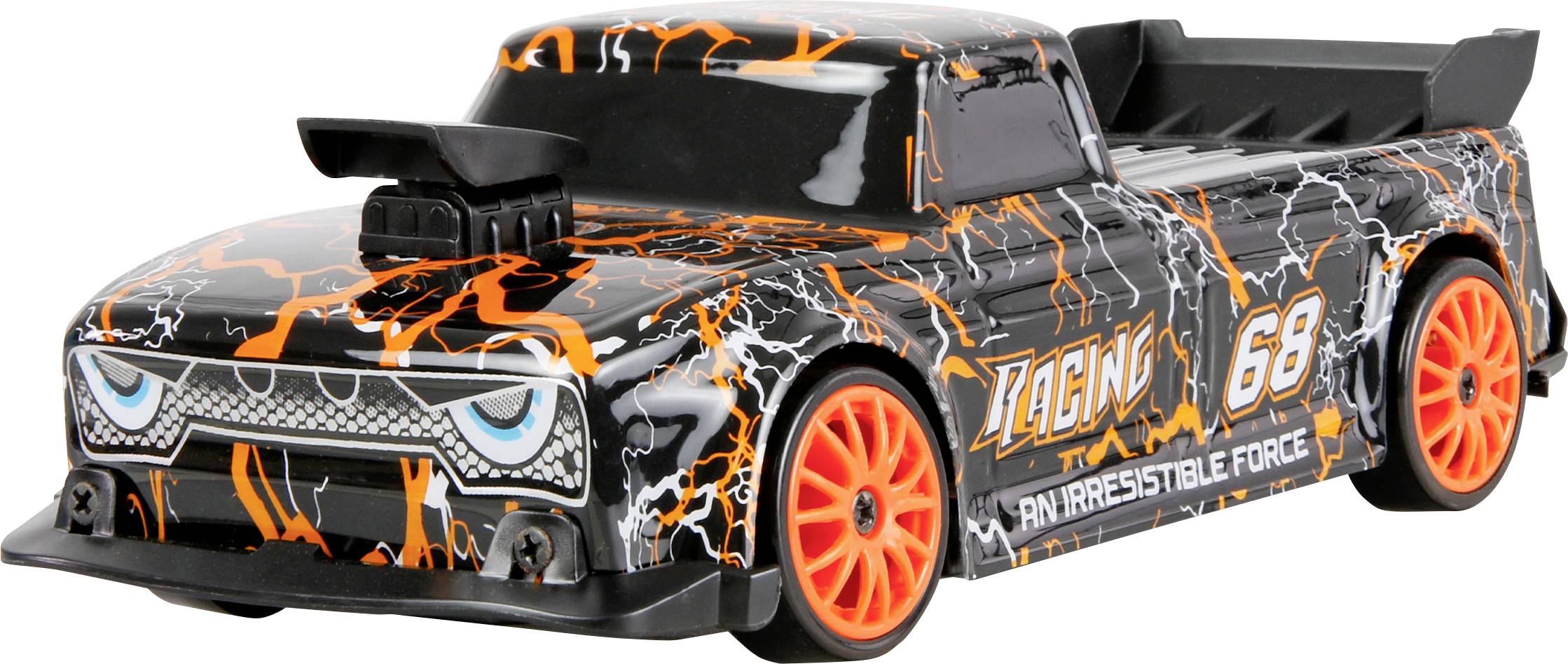 Schwarzer und orangefarbener Spielzeug-Rennwagen-Pickup-Truck mit der Nummer 68 und „RACING