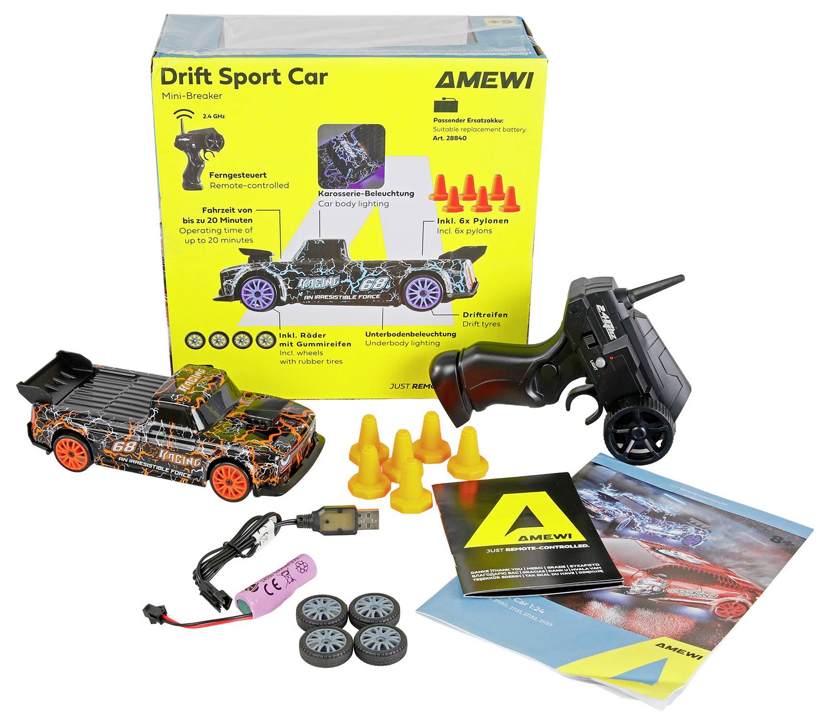 Ferngesteuerte Drift-Sportauto-Bausatz mit Fernbedienung, Akku, USB-Ladekabel, Pylonen, Ersatzrädern und Bedienungsanleitungen.