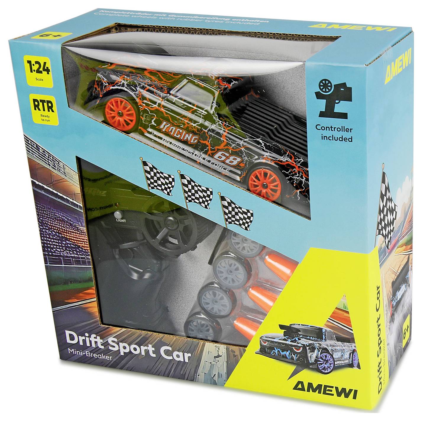 Verpackte AMEWI Drift Sport Auto RC Spielzeug mit Controller im Lieferumfang enthalten, durch transparentes Verpackungsfenster sichtbar und mit RTR gekennzeichnet, 1:24 Maßstab.