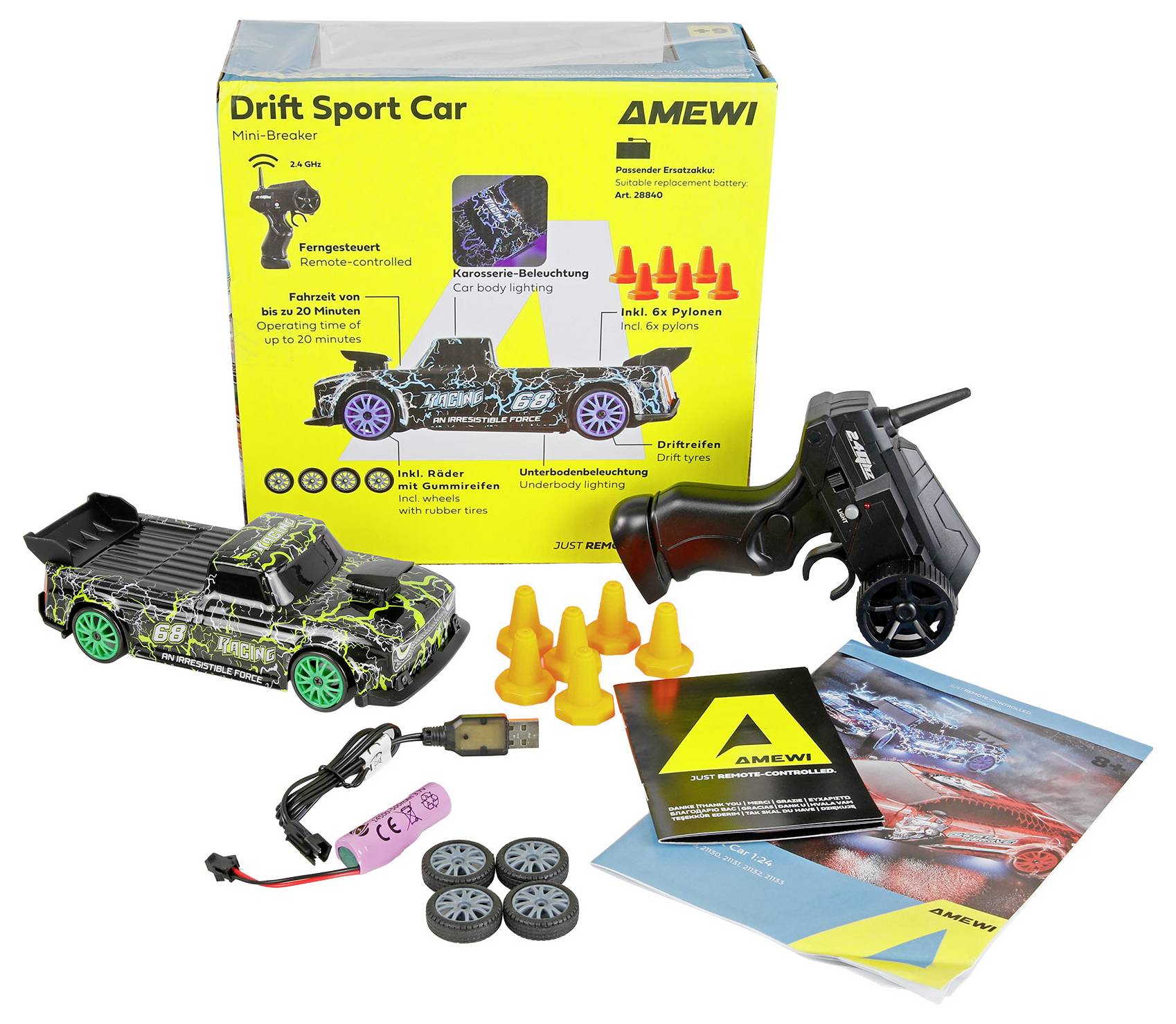 AMEWI Drift Sport Car Mini ferngesteuertes Autospielzeug-Set mit Fernbedienung, Batterie, Ladegerät, Pylonen, Rädern und Bedienungsanleitungen abgebildet mit Verpackung.