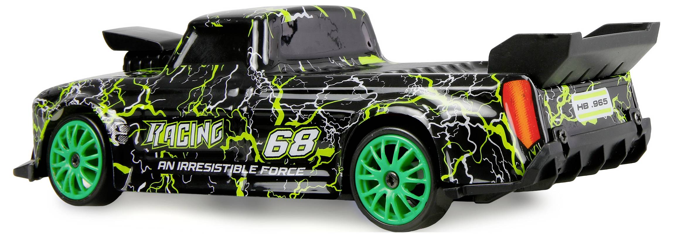 Schwarzer Rennspielzeug-Pickup-Truck mit neongrünen Blitzgrafiken und Nummer 68, dargestellt in Seitenansicht auf weißem Hintergrund.
