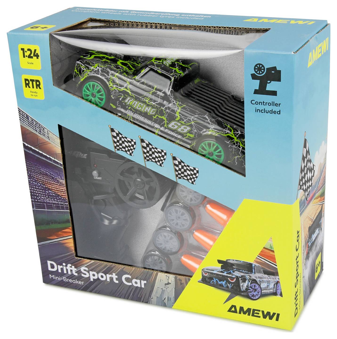 AMEWI Drift Sport Auto RC-Spielzeug-Verpackung mit einem 1:24 fahrbereiten Drift-Auto mit enthaltener Fernbedienung und Bild des Autos auf der Schachtel.