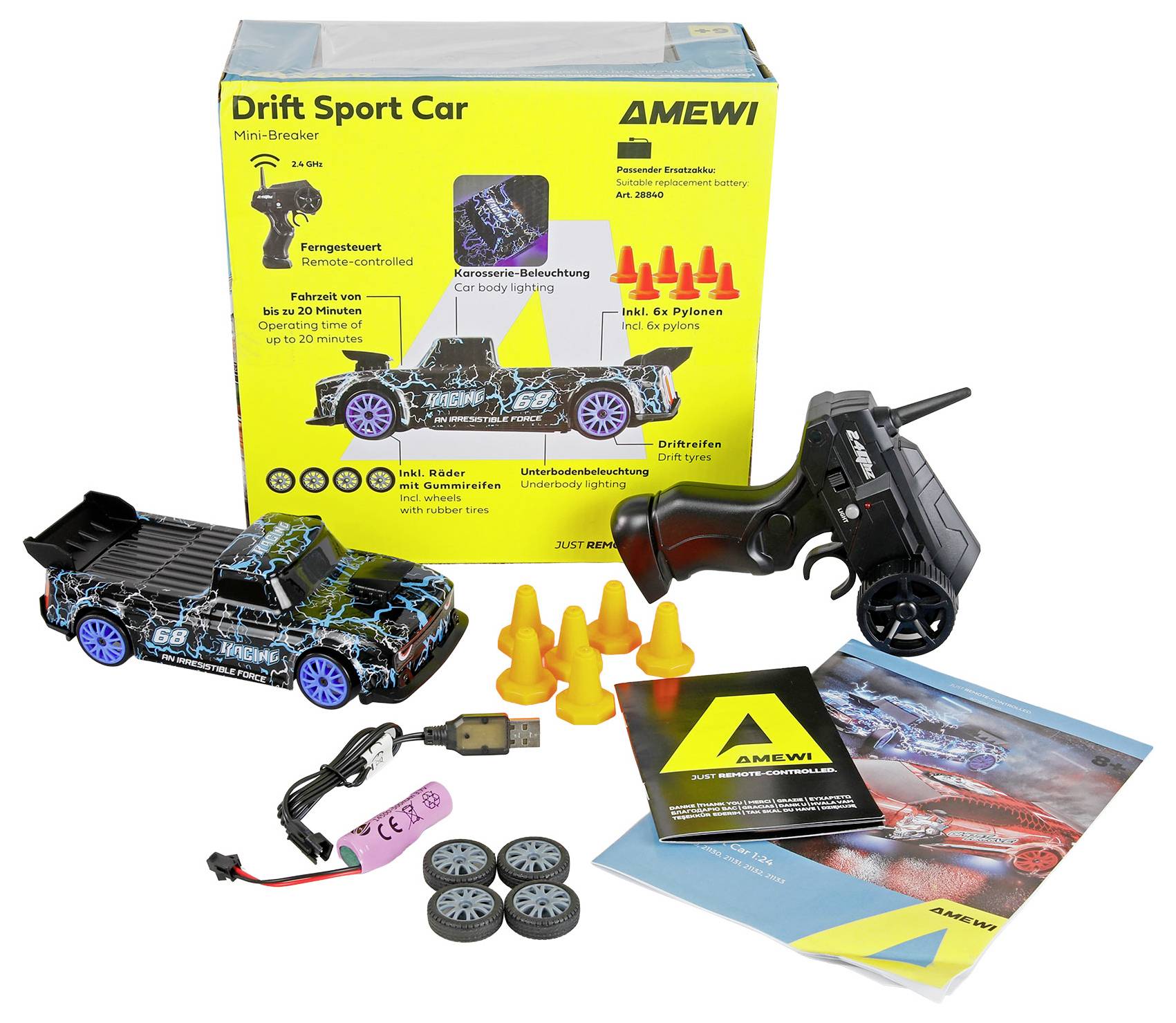 AMEWI Drift Sport Car Mini-Breackter-Set mit ferngesteuertem Auto, Pistolengriff-Controller, Pylonen, USB-Kabel, Akku und Bedienungsanleitungen.