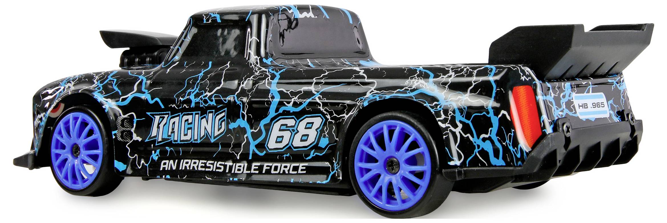 Schwarzes Rennwagen-Spielzeugauto mit blauen Blitzgrafiken, Nummer 68 und dem Slogan „Eine unwiderstehliche Kraft