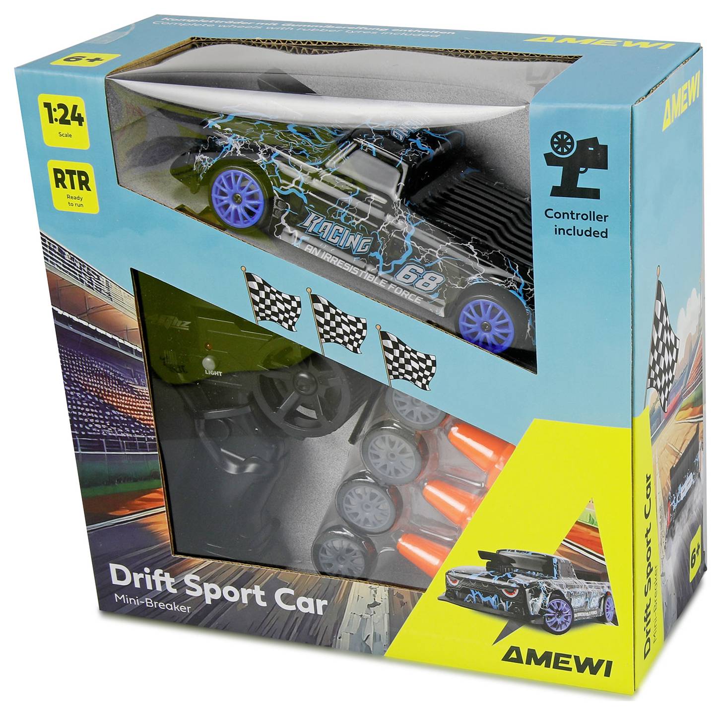 AMEWI Drift Sport Car RC Spielzeugset in Box, 1:24 RTR, Controller enthalten, zeigt schwarzes Rennfahrzeug und Ersatzräder.