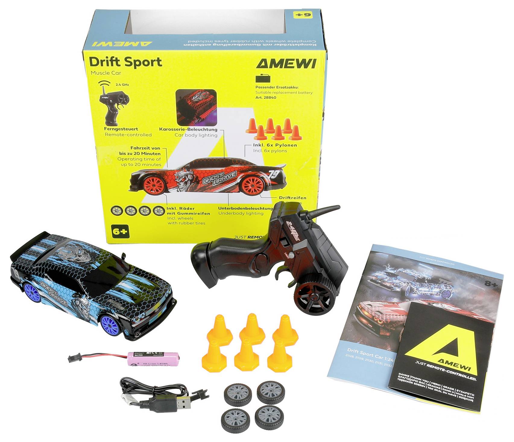 AMWEI Drift Sport Ferngesteuertes Auto-Set mit Lastwagen, Pistolengriff-Controller, Batterie, Ladegerät, vier Hütchen, Ersatzräder und Bedienungsanleitung.