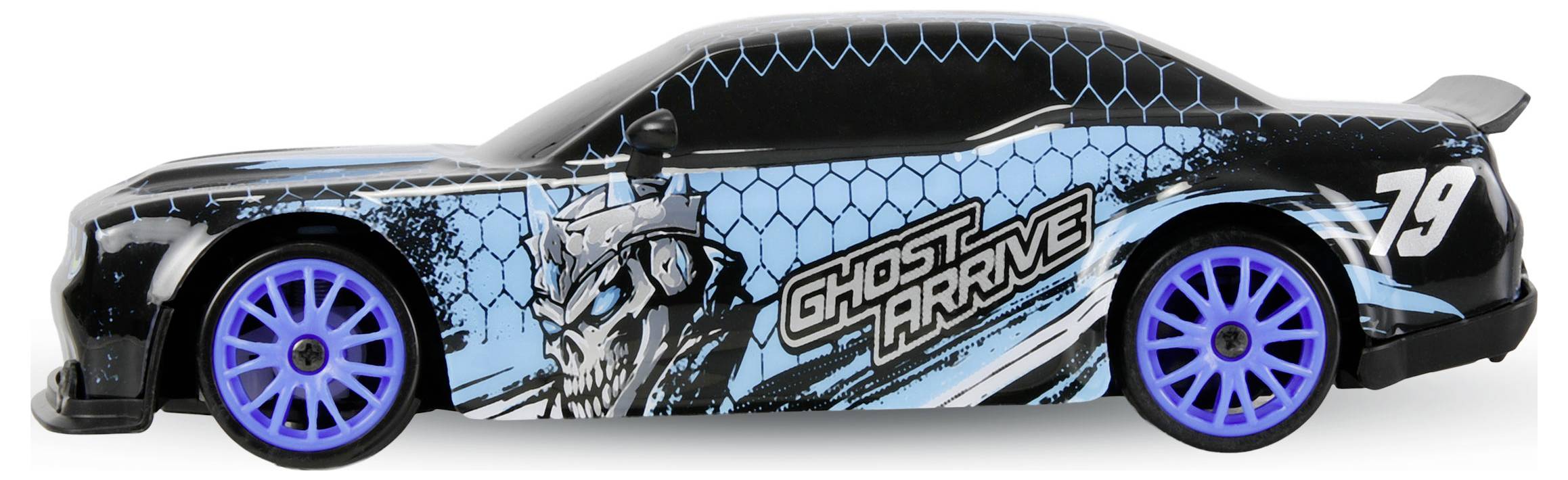 Schwarz-blau Rennspielzeugauto mit blauen Rädern, Totenkopf-Grafik und „Ghost Arrive
