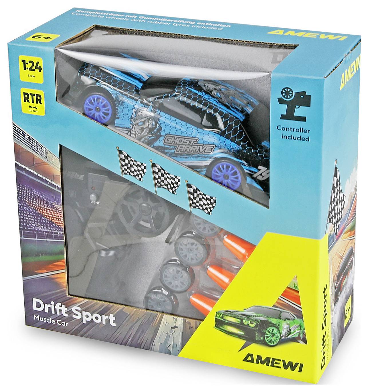 AMWI Drift Sport Ferngesteuertes Muskelwagen-Spielzeugset in einer Box, mit Auto, mitgeliefertem Controller und zusätzlichen Rädern/Zubehör sichtbar durch das Fenster.