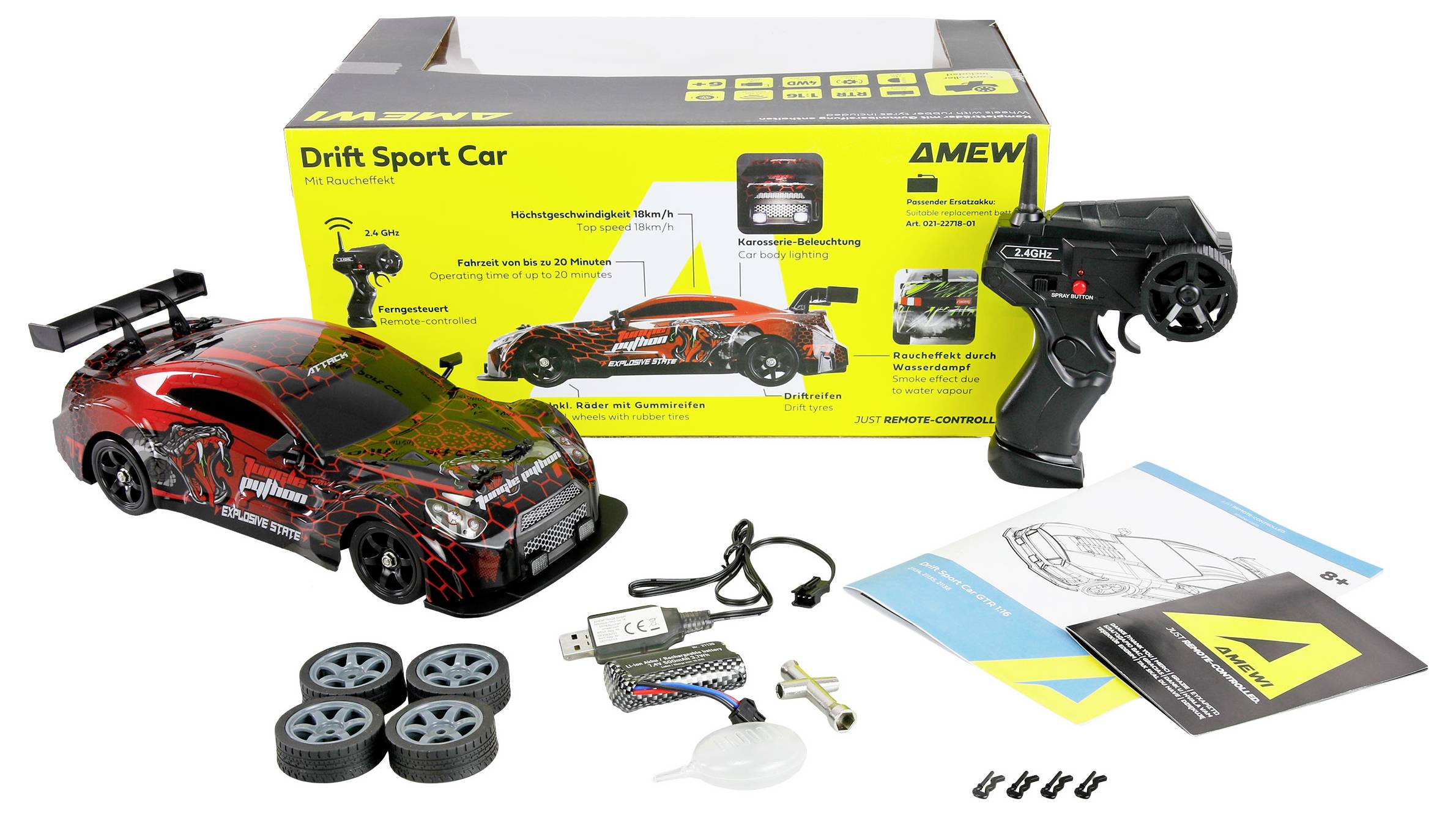 RC-Drift-Sportwagenset mit Fernbedienung, Batterie, Ladegerät, Ersatzrädern, Anleitung und Zubehör, das vor der Produktverpackung angezeigt wird.