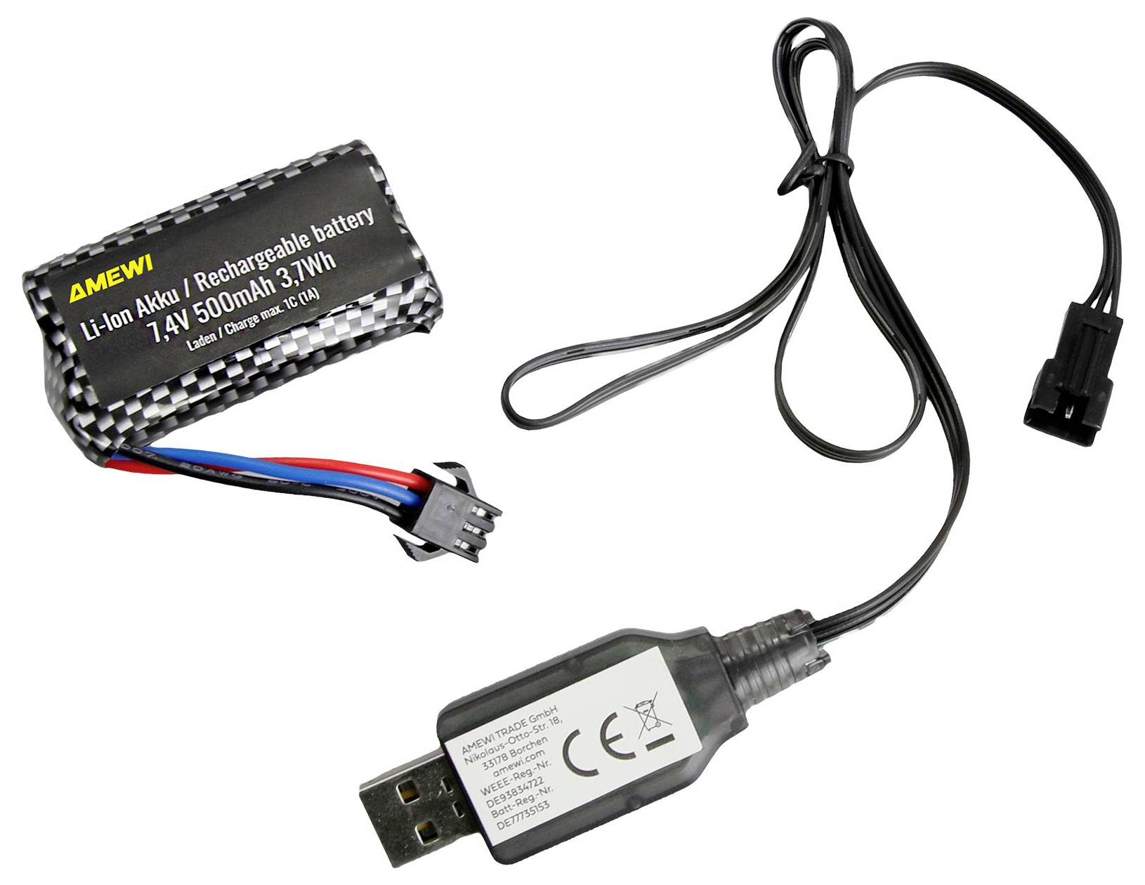 Li-Ionen aufladbares Batteriepack mit Stecker und USB-Ladekabel auf weißem Hintergrund.