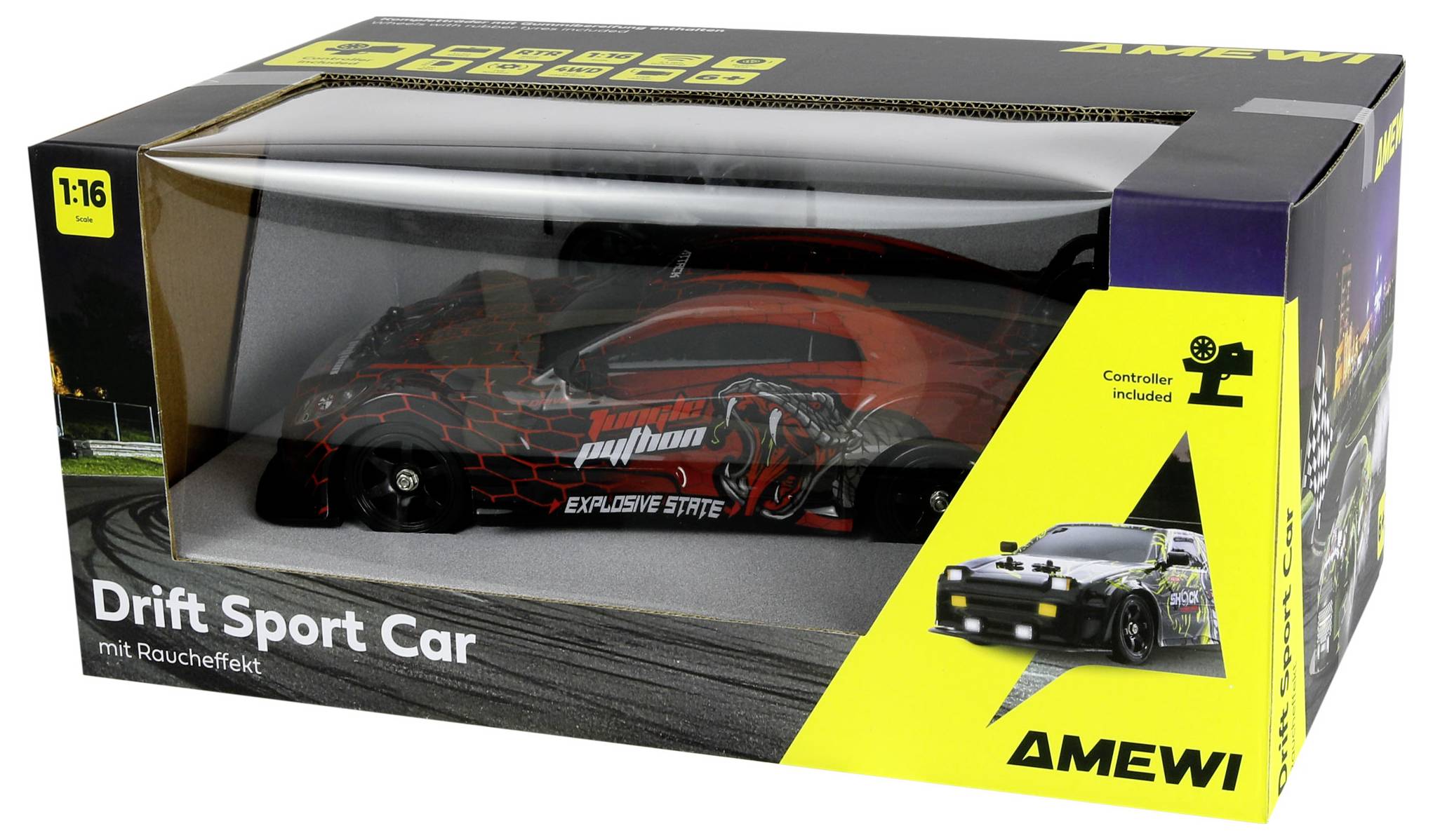 In einer Schachtel enthaltenes 1:16-Modell AMEWI Drift Sport Auto Spielzeug mit im Lieferumfang enthaltenem Controller, dargestellt als rot-schwarzes RC-Sportwagen-Modell in der Verpackung.