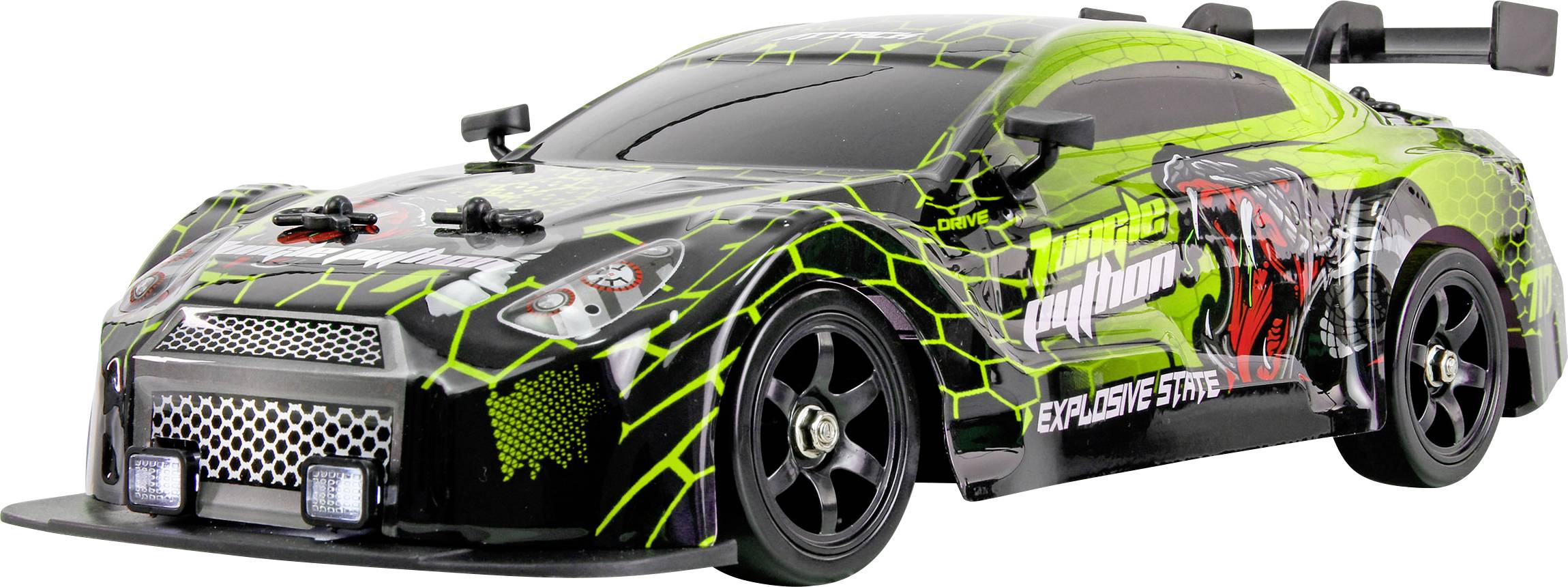 Schwarz-grünes ferngesteuertes Rennwagen mit auffälligen Grafiken, Heckflügel und niedriger Frontspoiler auf weißem Untergrund.