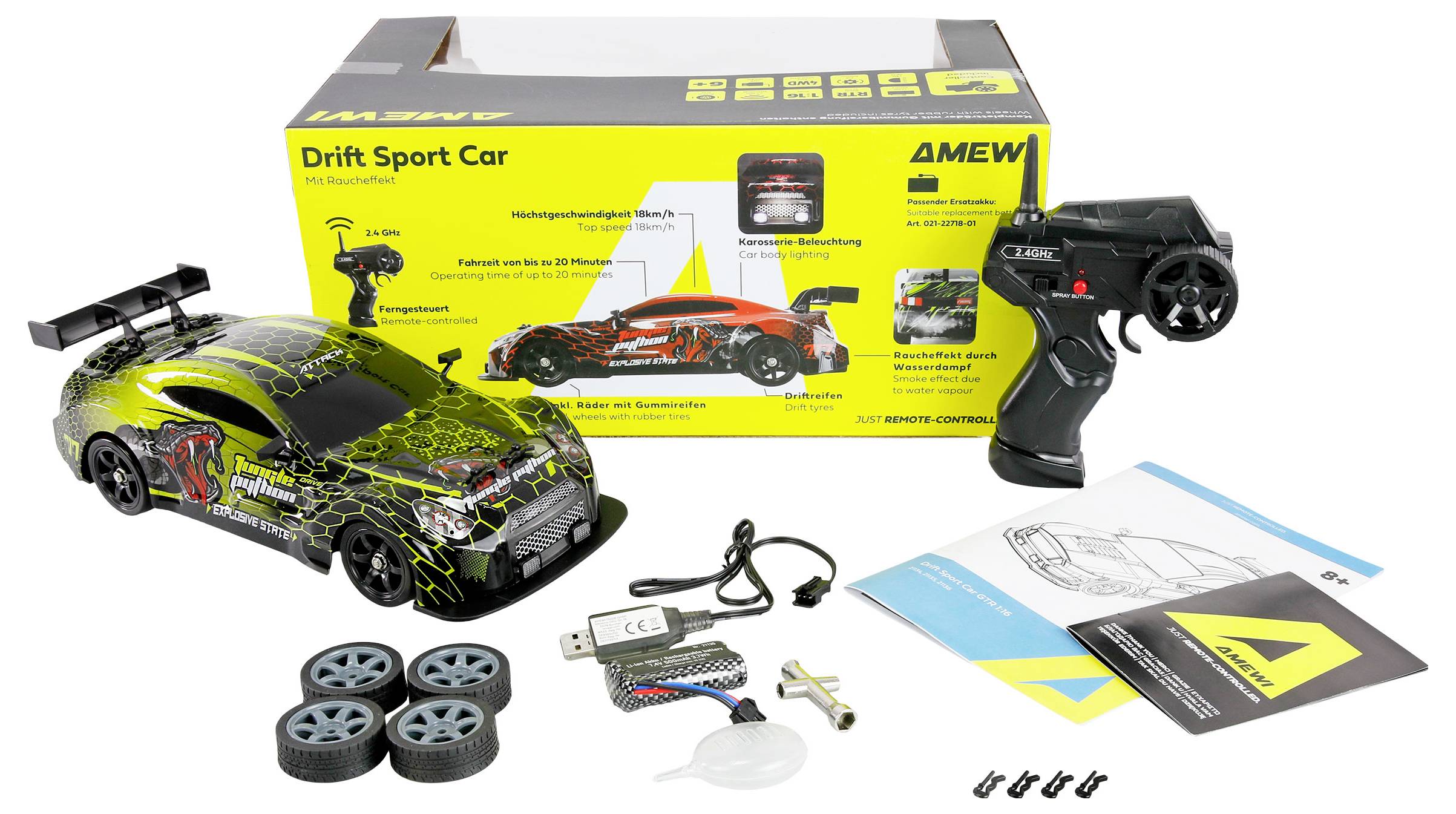 Drift-Sportwagenset für ferngesteuerte Autos mit Fernbedienung, Ladegerät, Ersatzrädern und Bedienungsanleitung vor der Produktverpackung.