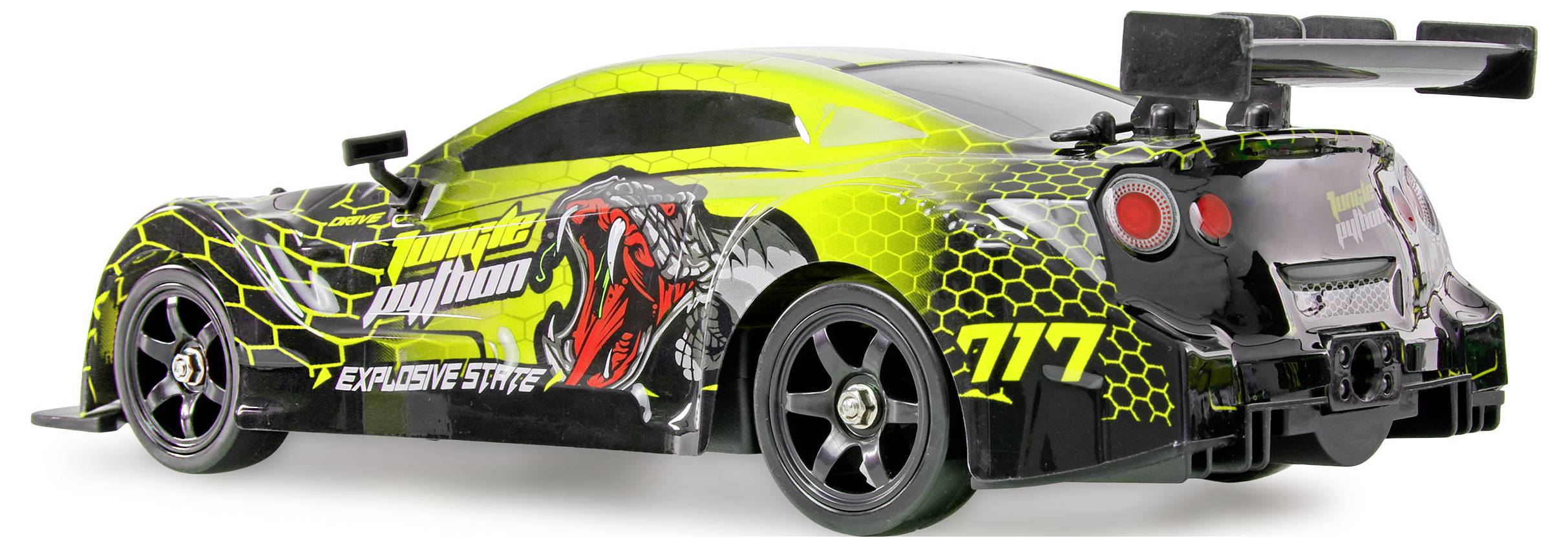 Ein schwarzes und neon-gelbes Rennwagen mit der Nummer 117, von der hinteren Seite betrachtet, mit einem großen Spoiler und aggressiver Grafik.