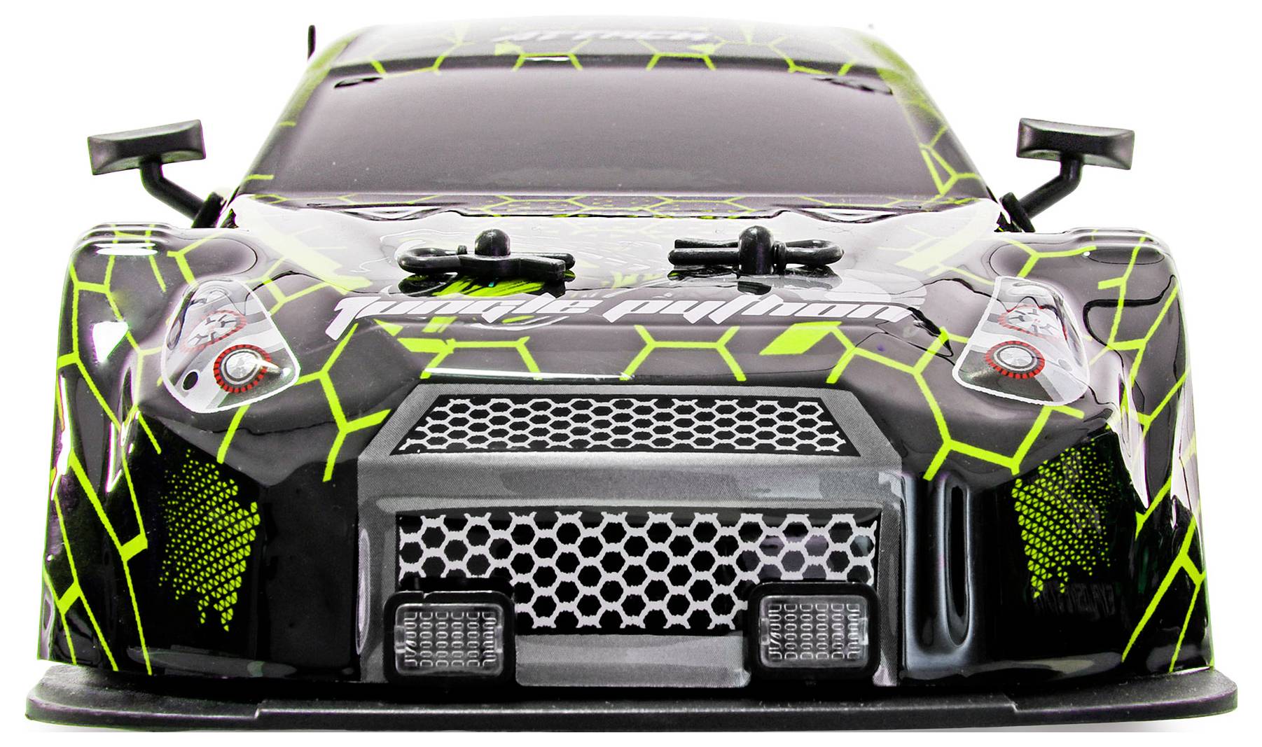 Frontansicht eines schwarzen Sportwagens mit neongrünen Schaltkreis-ähnlichen Akzenten auf der Motorhaube, dem Kühlergrill und der Karosserie.