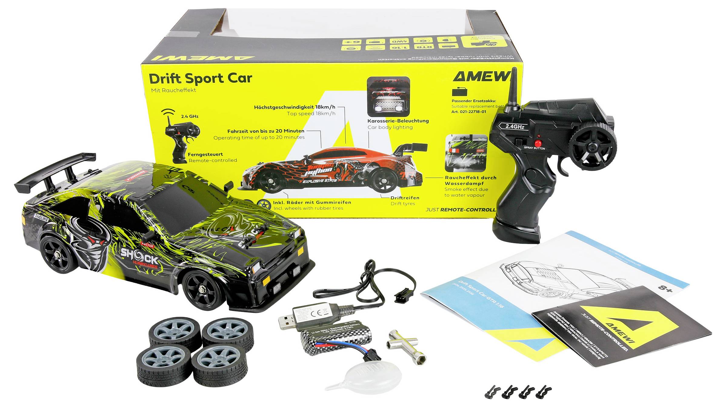 RC-Drift-Sportwagenbausatz mit schwarzem und neongrünem Auto, Fernbedienung, Karton, Ersatzräder, USB-Ladegerät und Bedienungsanleitung.