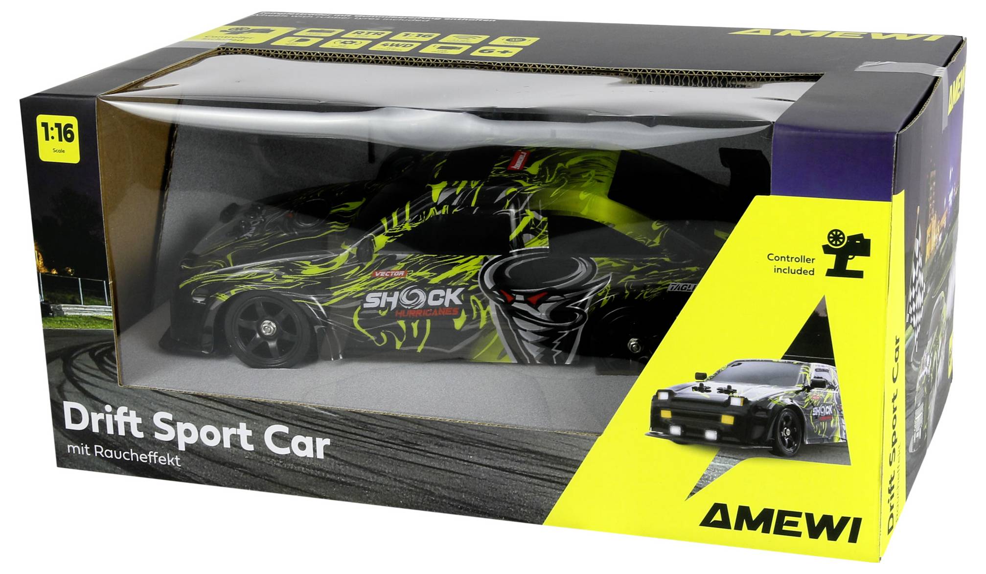 Im Karton verpacktes AMEWI 1:16 Drift-Sportauto-Spielzeug mit ferngesteuertem Auto, das durch das Paketfenster sichtbar ist, und einem Etikett „Controller enthalten
