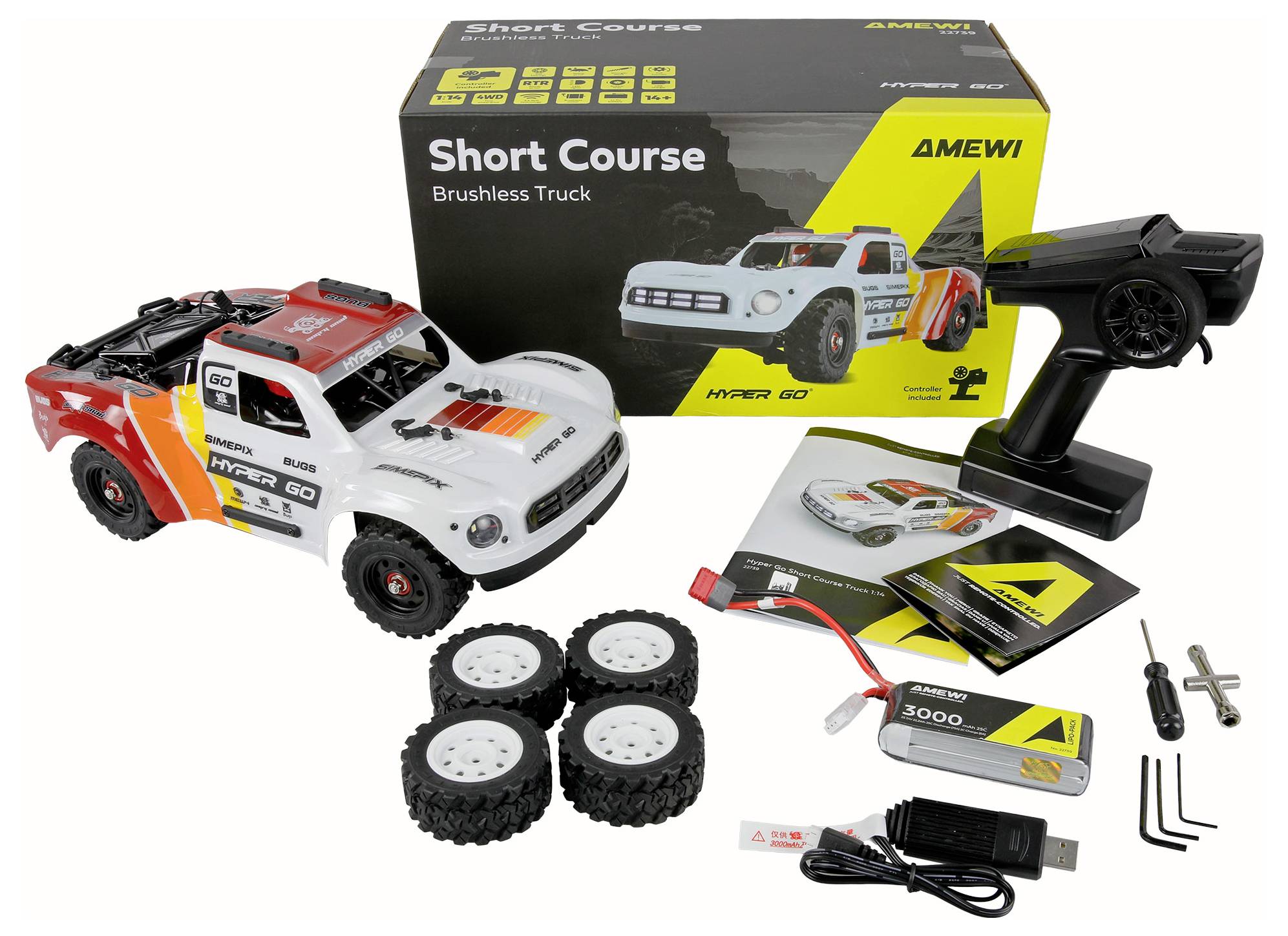 AMEWI Kurzstrecken-Brushless-Truck RC-Set mit Lastwagen, Box, Rädern, Akku, Ladegerät, Fernsteuerungs-Komponenten und enthaltenen Werkzeugen.