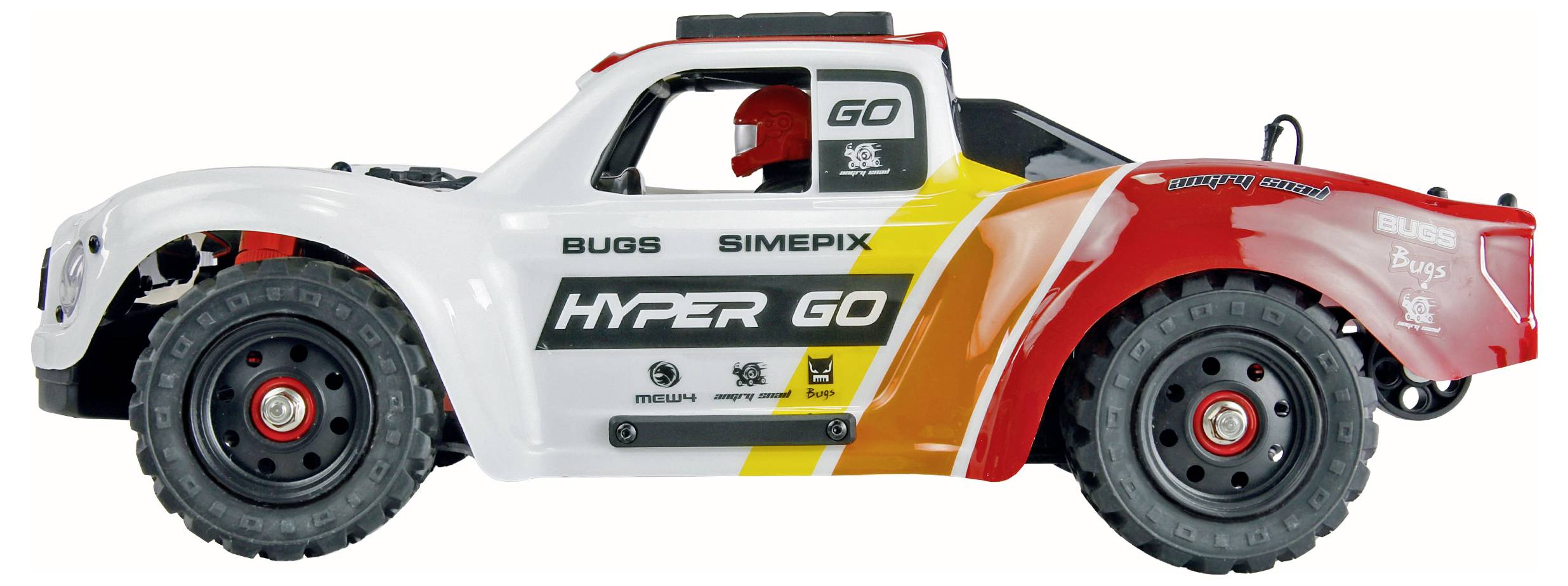 Seitenansicht eines weißen, roten und orangefarbenen Geländewagen-Rallyautos mit großen Reifen und der Markenbezeichnung „HYPER GO