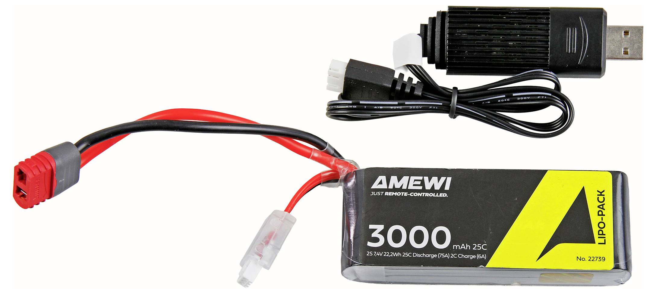 AMIWI 3000-mAh-LiPo-Akkupack mit rotem Stecker und USB-Ladekabel auf weißem Hintergrund