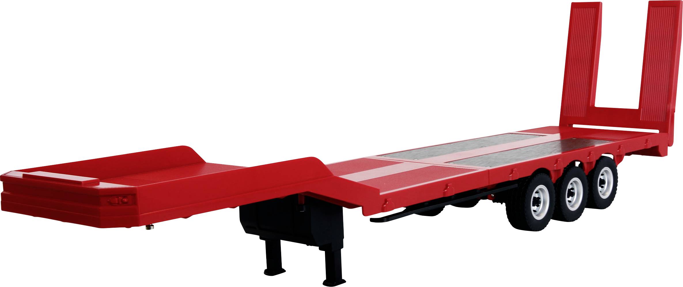 Roter Tiefladewagen mit drei Achsen, vorderen Stützbeinen und erhobenen hinteren Laderampen auf weißem Hintergrund.
