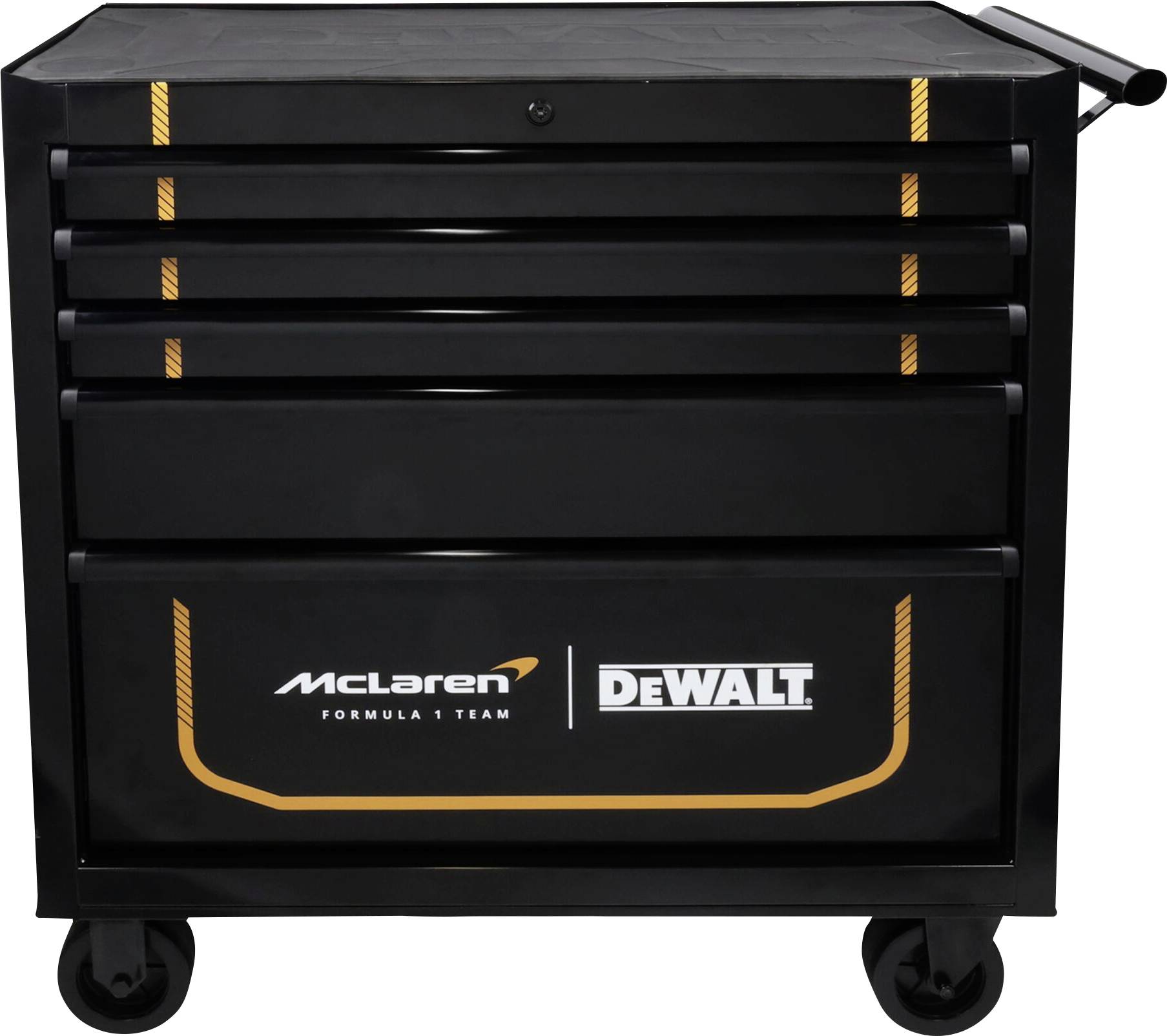 Schwarzer rollbarer Werkzeugschrank mit mehreren Schubladen und McLaren Formel-1-Team- sowie DEWALT-Logos auf der Vorderseite.
