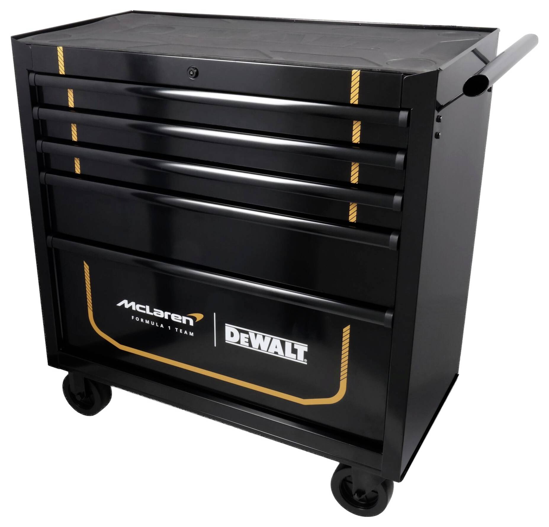Schwarze rollbare Werkzeugkiste mit vier Schubladen, McLaren Formel-1-Team- und DEWALT-Logos, Seitengriff und Rollen.